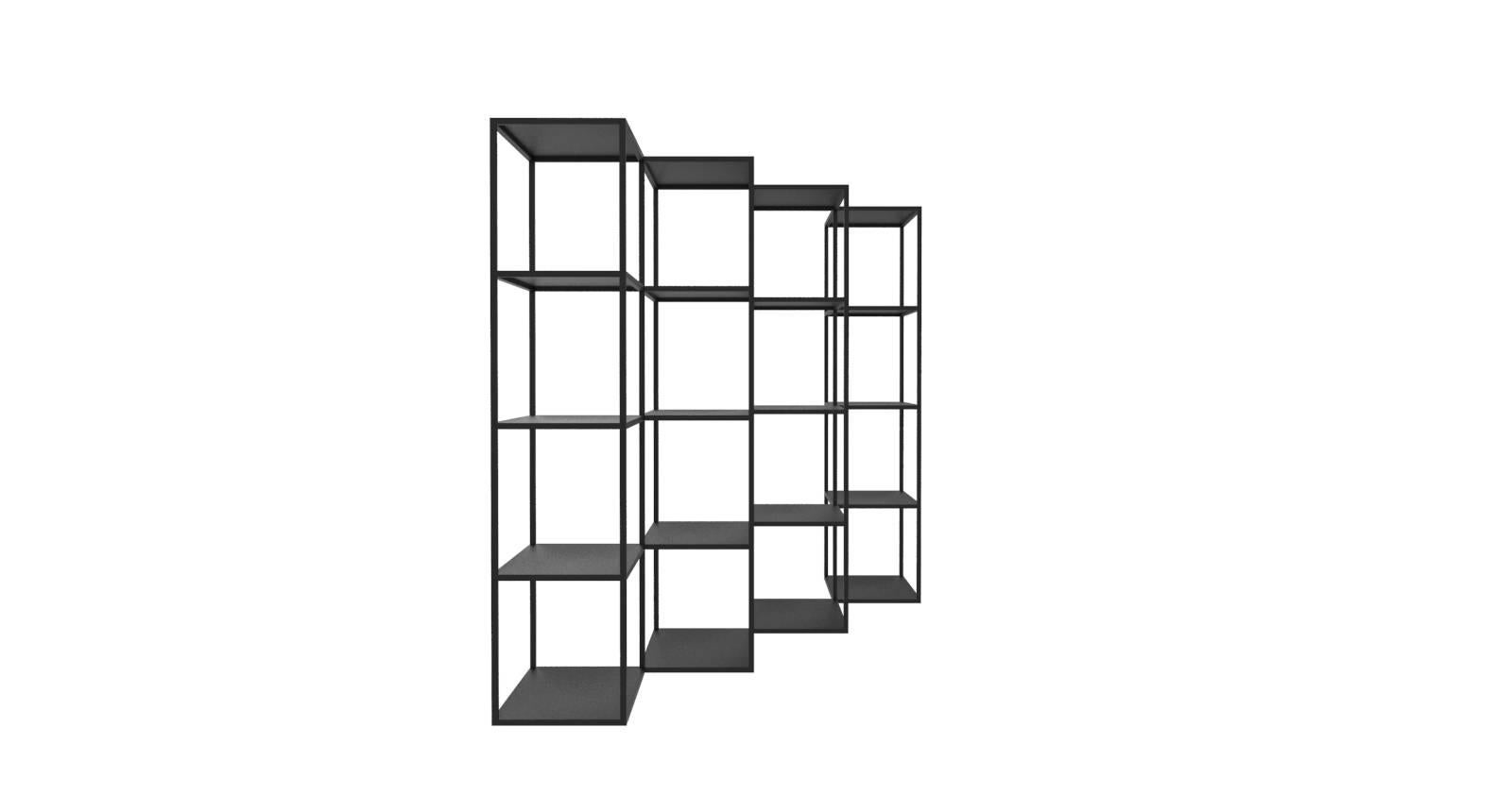 Conceived as a minimal and contemporary bookcase to breakup the plane of the wall, this modular system, is versatile as a modern room divider as well as a backdrop in any space, be it a residence or office space. This system begins with a minimum of
