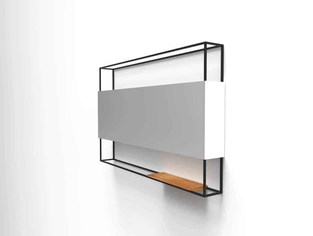 Powder-Coated Black Horizontal Frame Minimal Contemporary Mirror with Movable Oak Shelf, USA For Sale