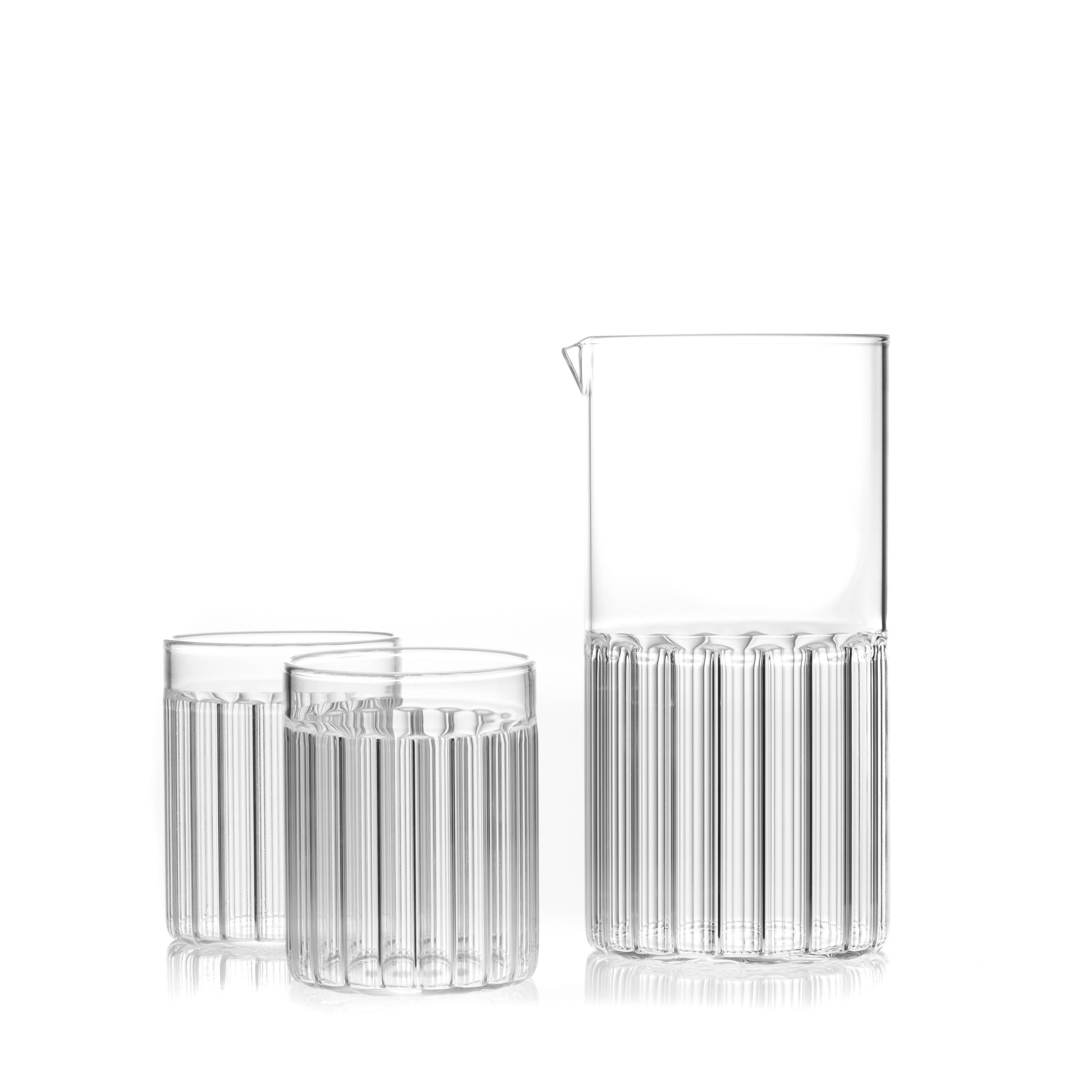 Hand-Crafted fferrone Contemporary Czech Minimal Carafe Pitcher with Six Tumbler Glasses Set For Sale