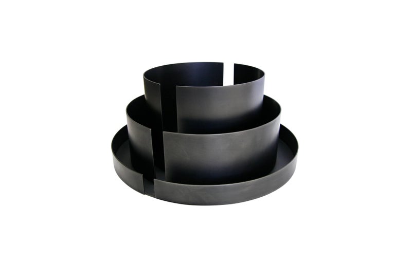 Modern Sculptural Darkened Minimal Steel Centerpiece Tray with Two Vessels USA In Stock For Sale