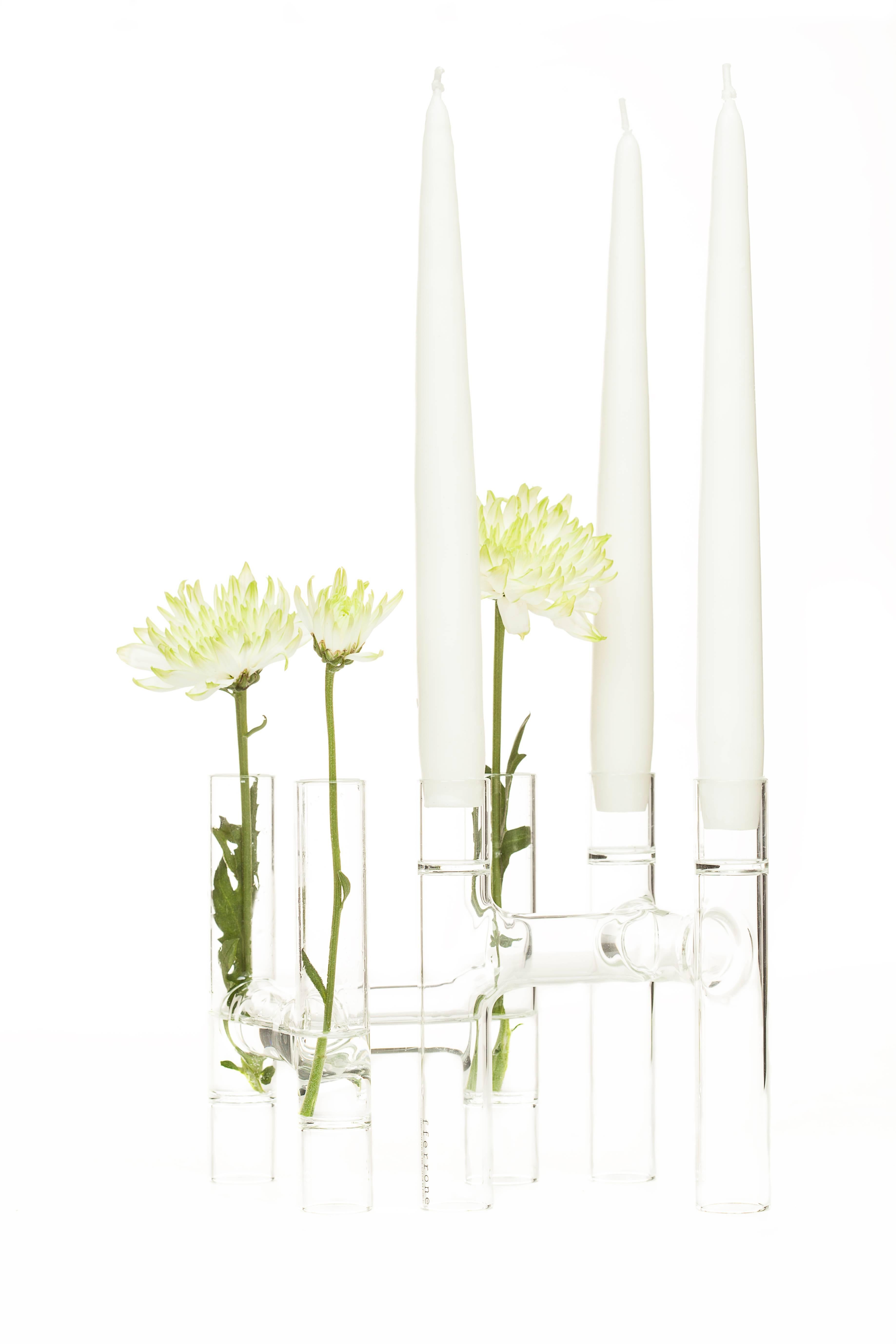 Modern fferrone Set of 2 Contemporary  Czech Clear Glass Trio Candelabras/Bud Vases For Sale