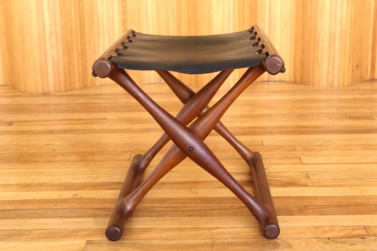 Danish Poul Hundevad Teak and Leather Model PH41 'Guldhoj' Folding Stool For Sale