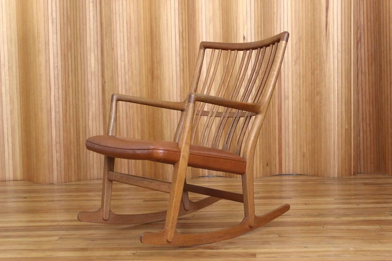 Leather Rare and Stunning Hans Wegner Model ML33 Rocking Chair Mikael Laursen Denmark For Sale