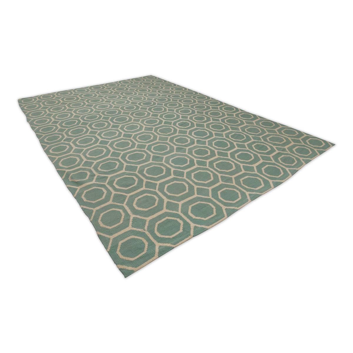 Kilim Flatweave Rug with Geometric Desig over Green Background.