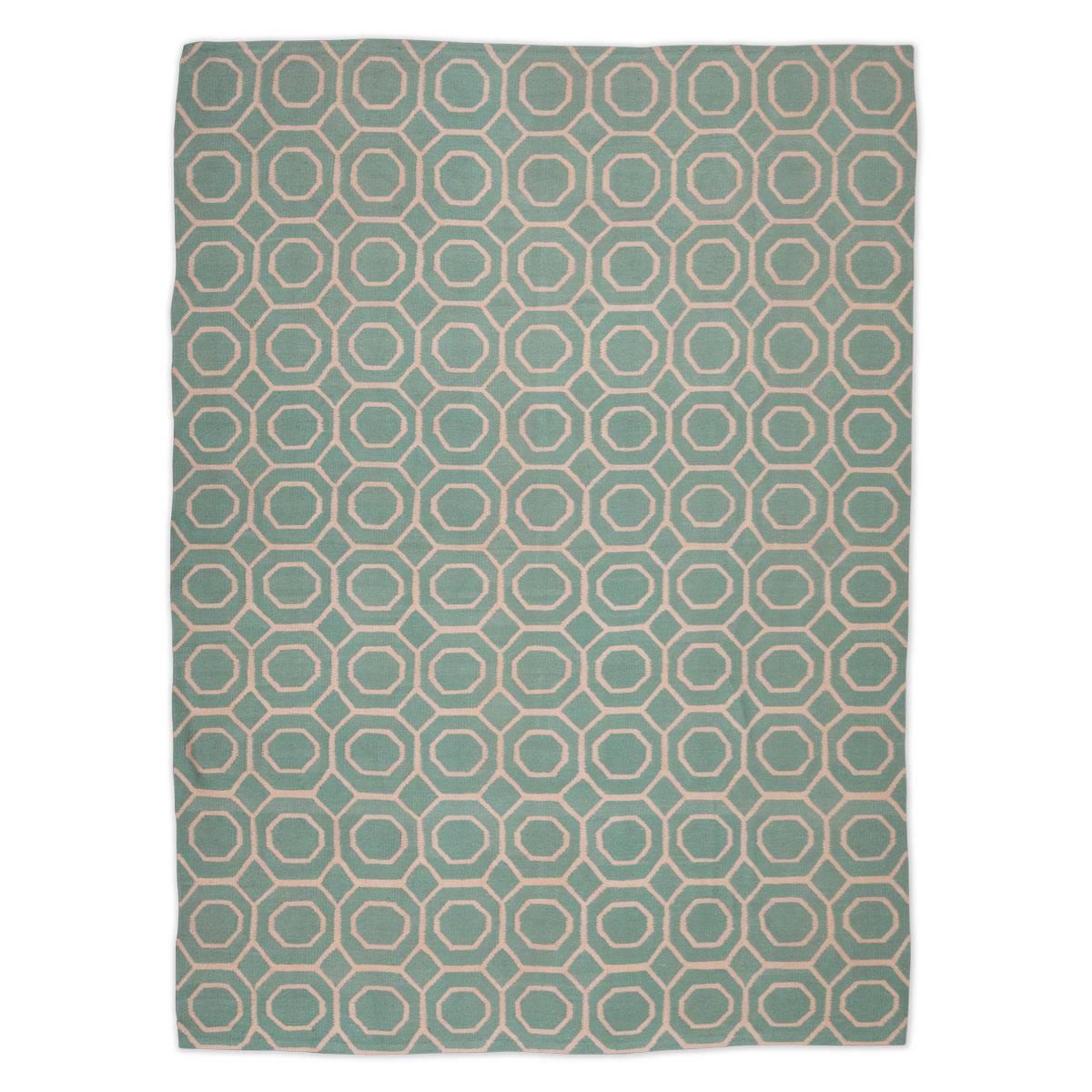 Flatweave Rug with Geometric Desig over Green Background.