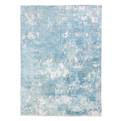Handmade Contemporary Rug in Silk and Wool Blue Shades