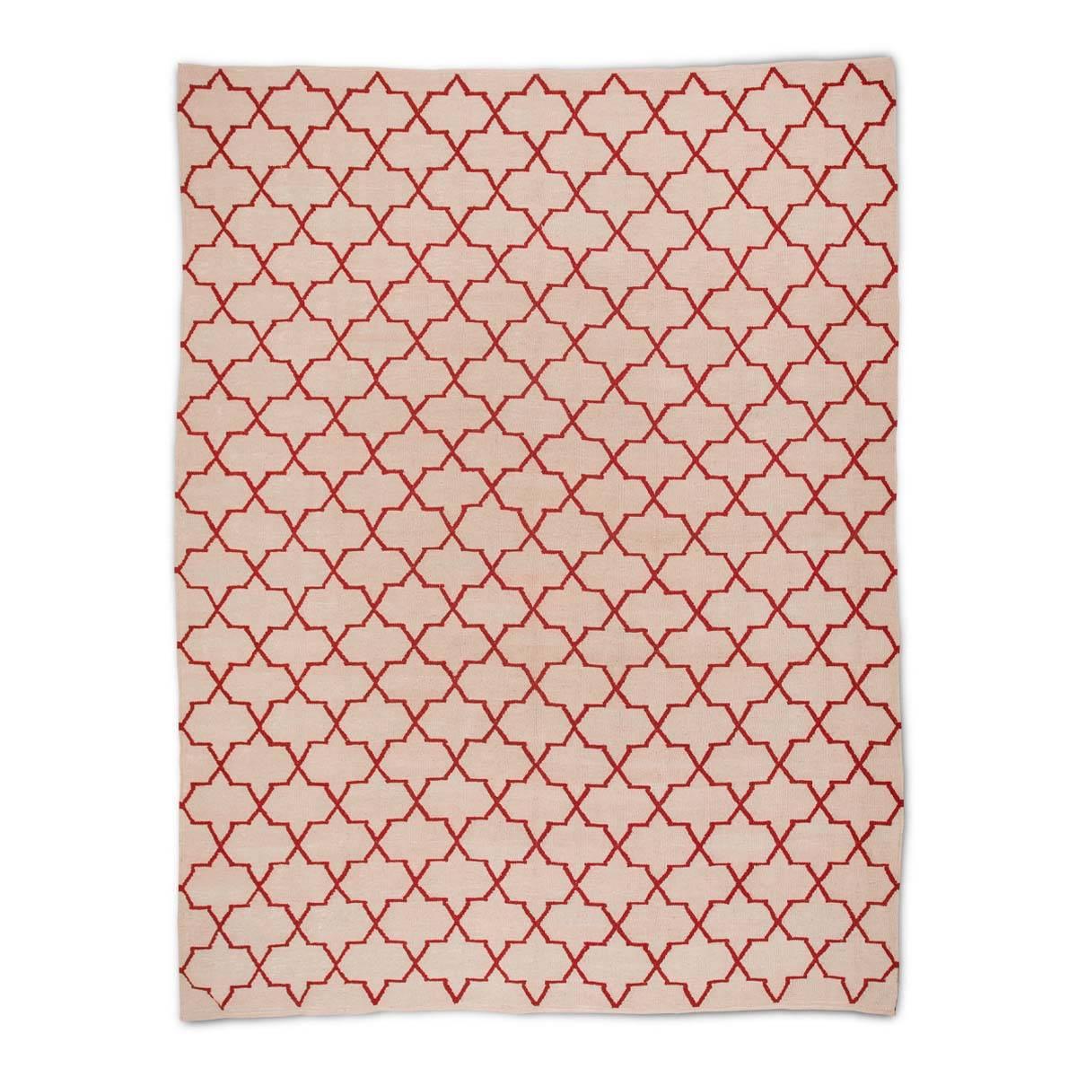 Kilim Contemporary Flat-Weave, Geometric Design over Red Shades