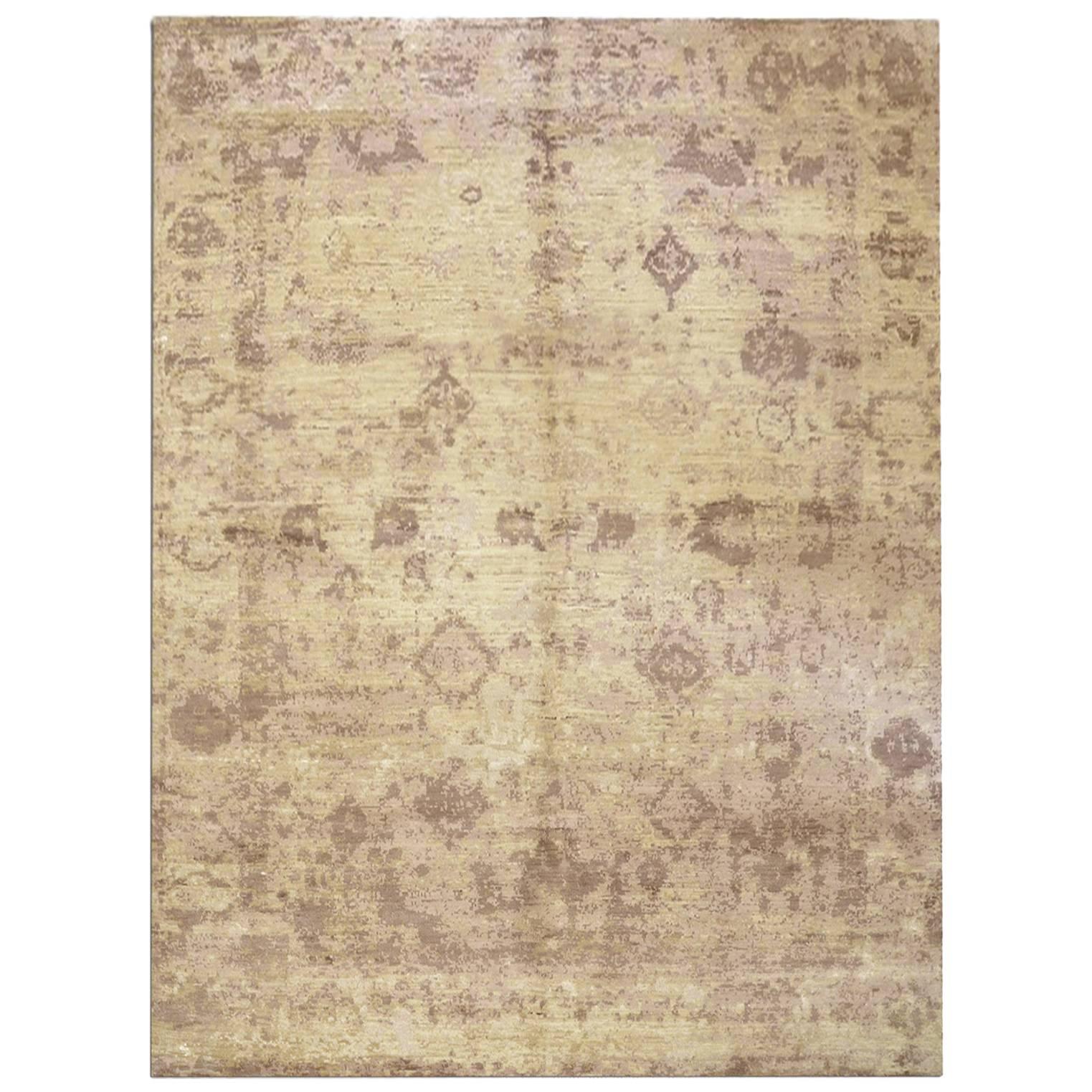 Contemporary Silk and Wool Rug, Abstract Design with Beige and Earth