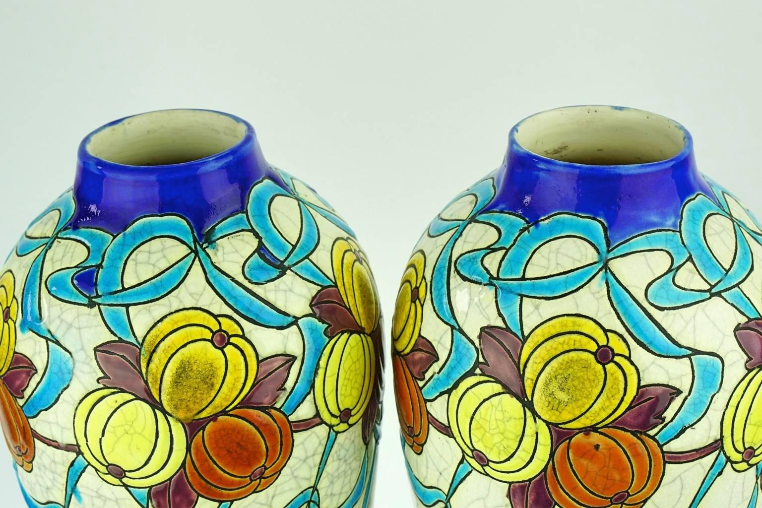 Belgian Pair of Art Deco Keramis Boch Blue Ribbons and Gourds Vases