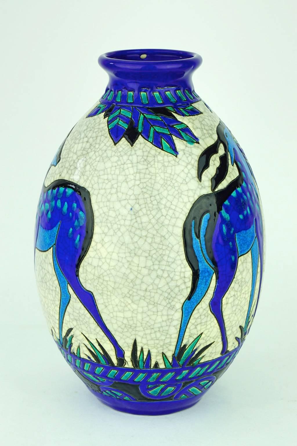 Belgian Art Deco Keramis Boch Blue Deer Vase For Sale