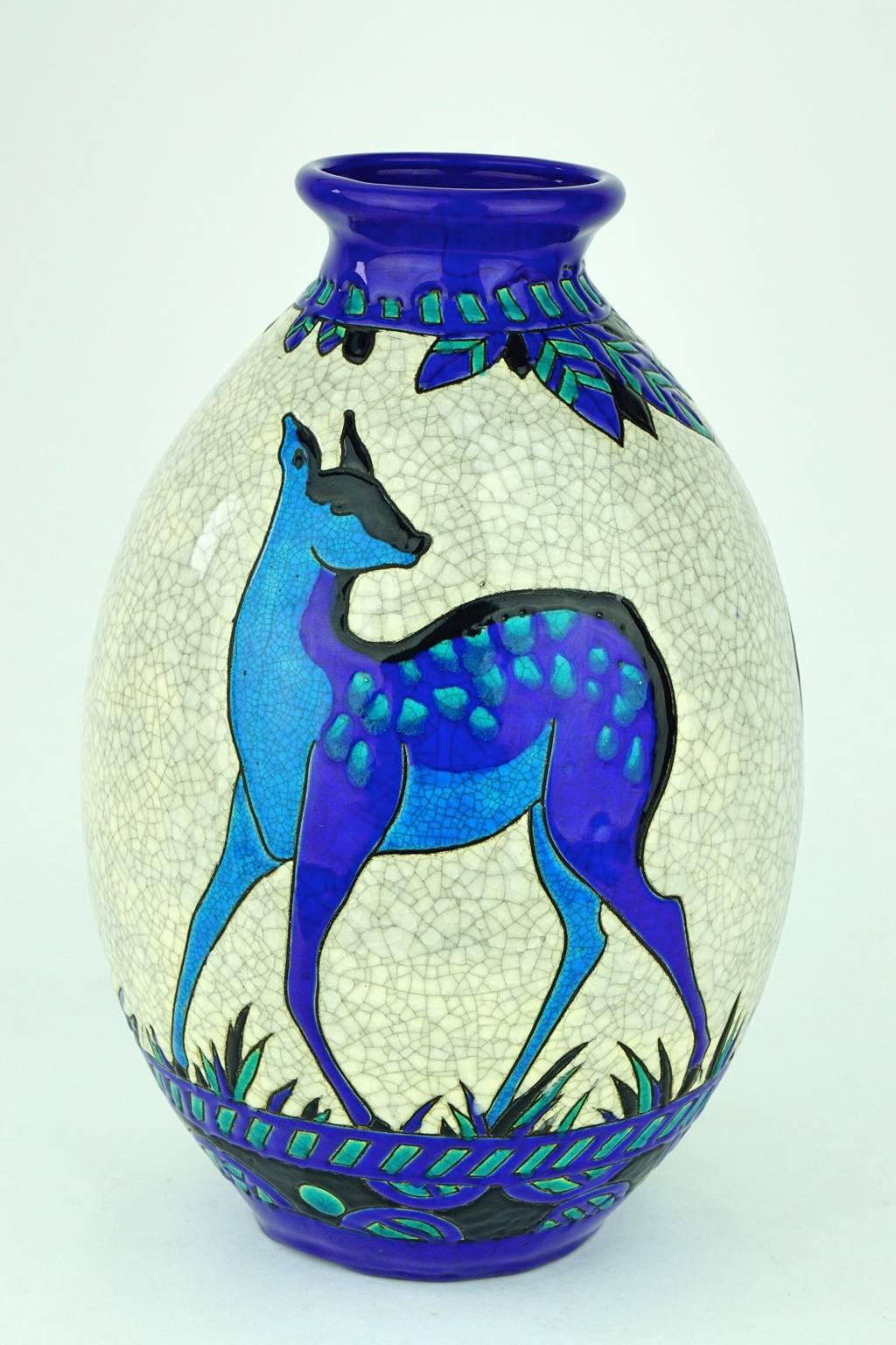 Enameled Art Deco Keramis Boch Blue Deer Vase For Sale