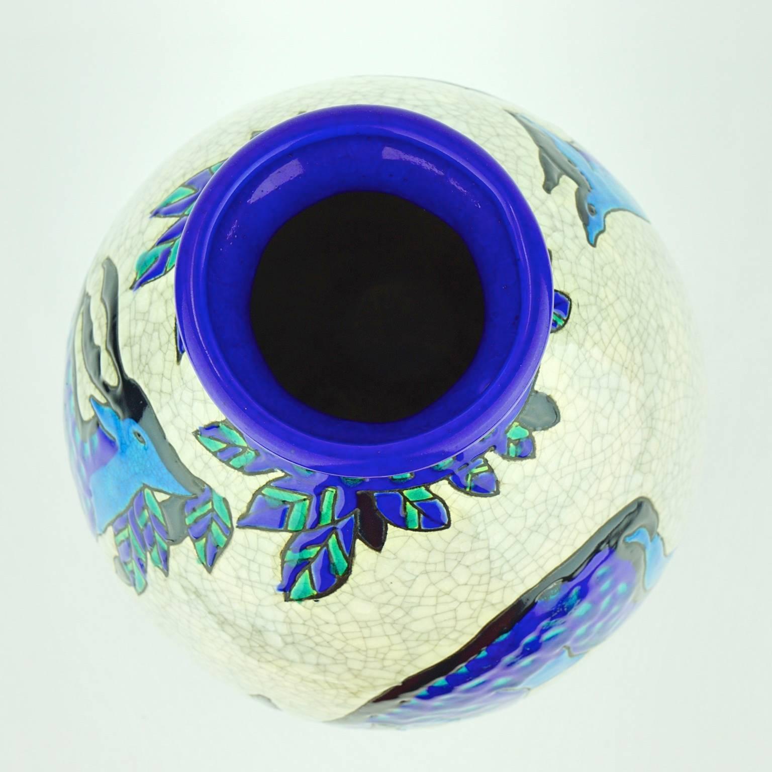 Earthenware Art Deco Keramis Boch Blue Deer Vase For Sale