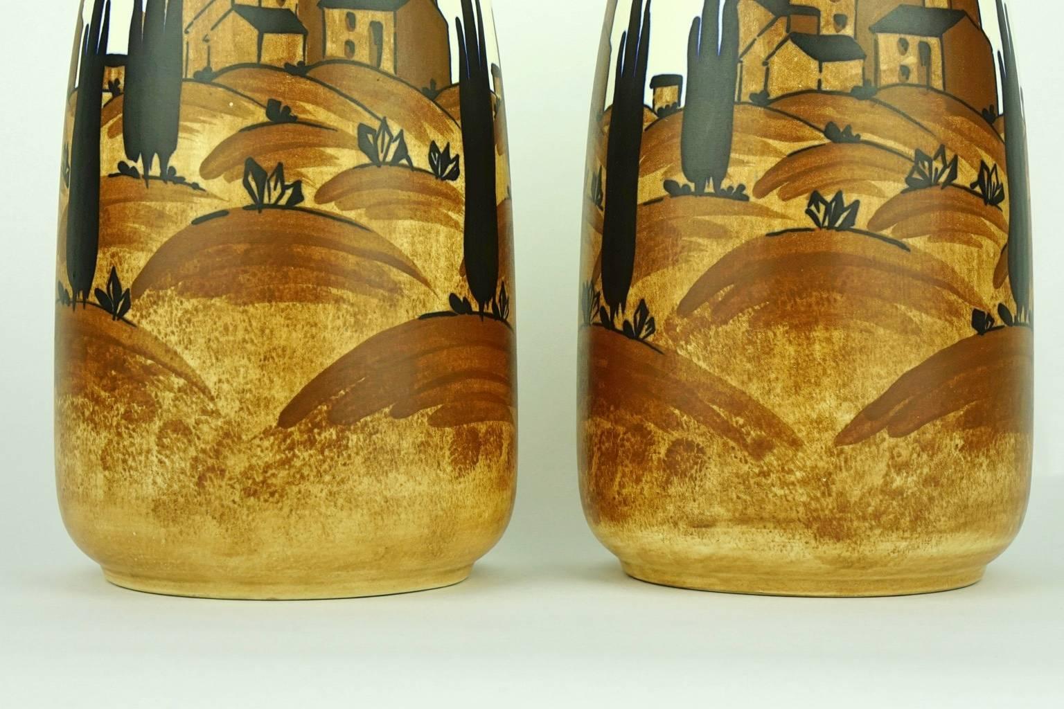 Enameled Pair of Art Deco Boch Keramis Vases with Village Landscape For Sale