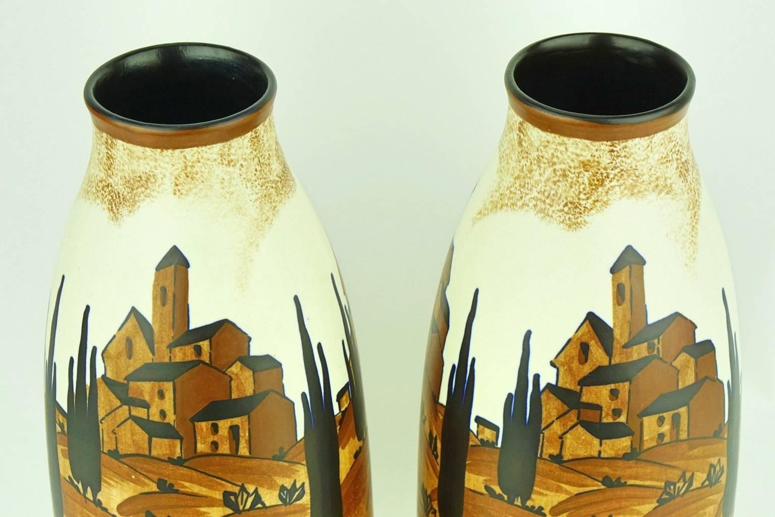 Earthenware Pair of Art Deco Boch Keramis Vases with Village Landscape For Sale