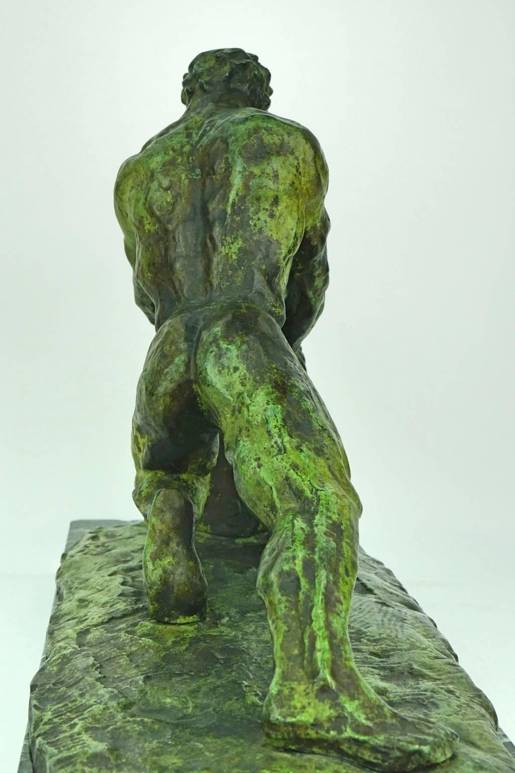 Belgian Art Deco Bronze Sculpture of a Man in Full Effort by Van Rijswijck For Sale