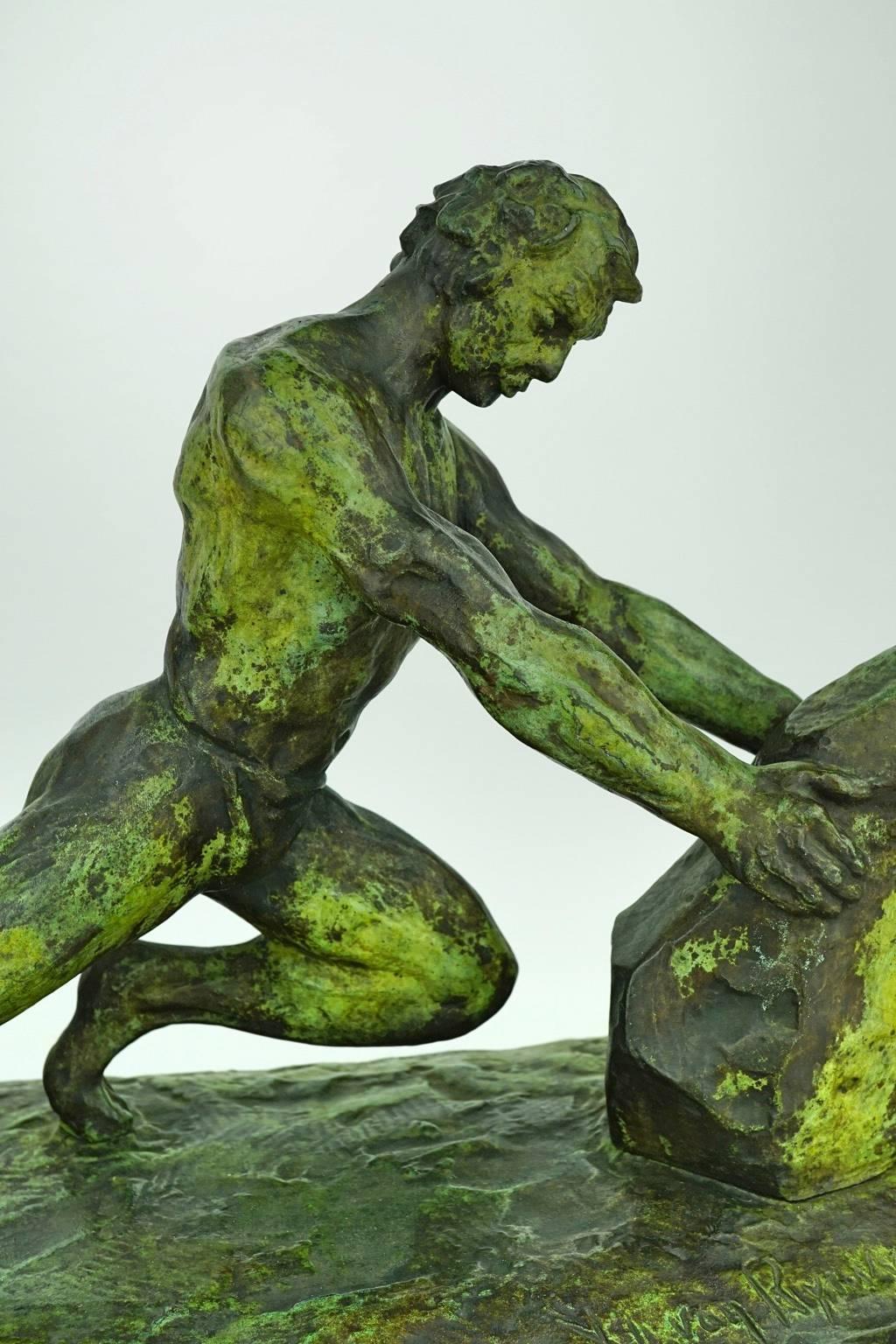 Art Deco Bronze Sculpture of a Man in Full Effort by Van Rijswijck For Sale 1