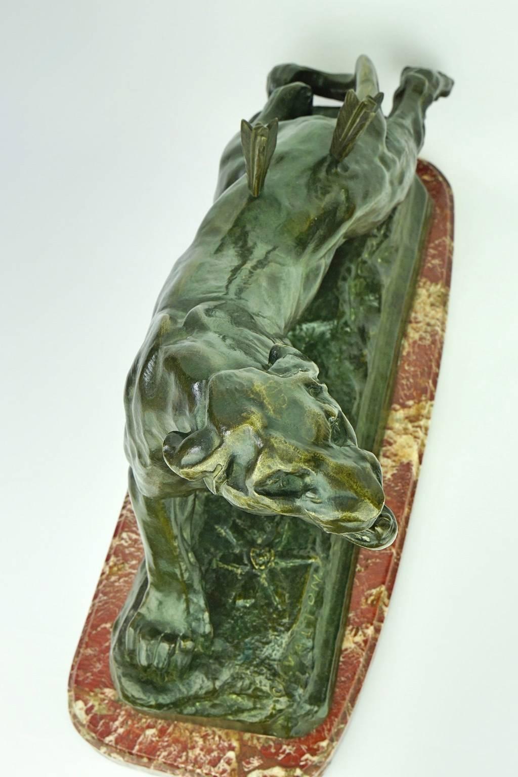 Patinated French Romantic Bronze Wounded Lioness by Charles Valton For Sale