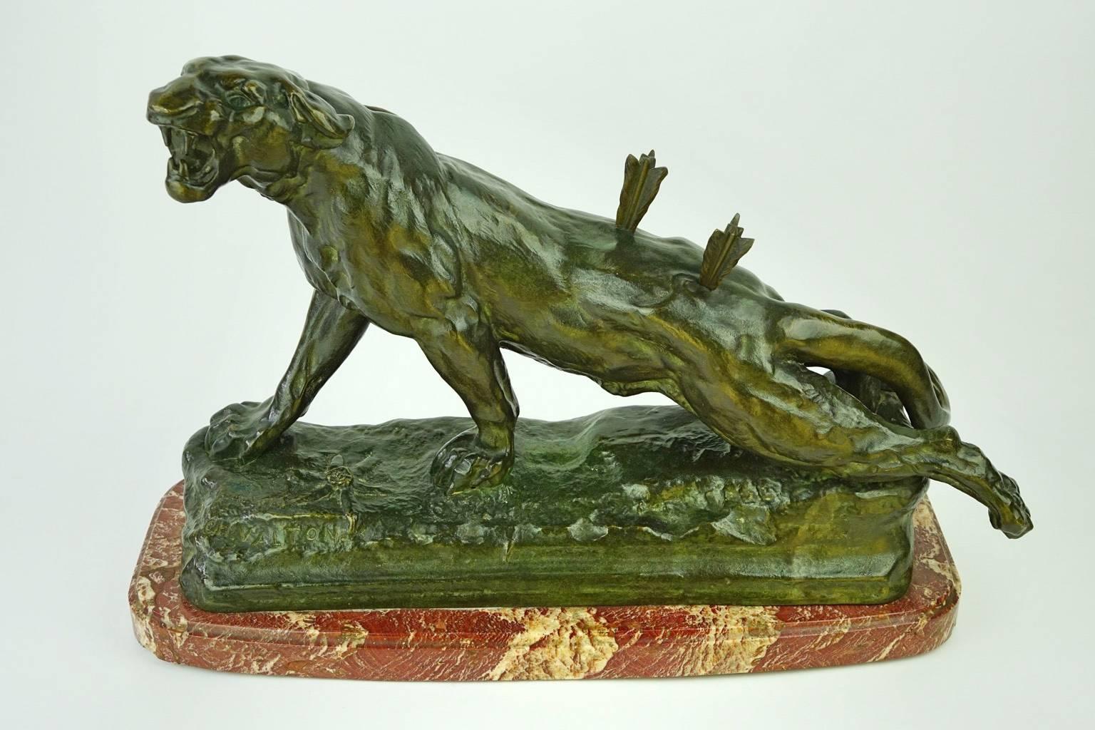 Late 19th Century French Romantic Bronze Wounded Lioness by Charles Valton For Sale