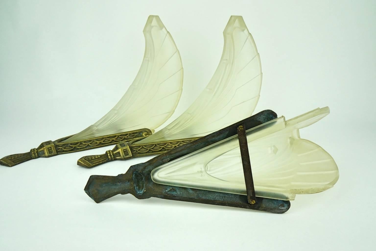 French Three Art Deco Wall Sconces with Stylized Flames For Sale
