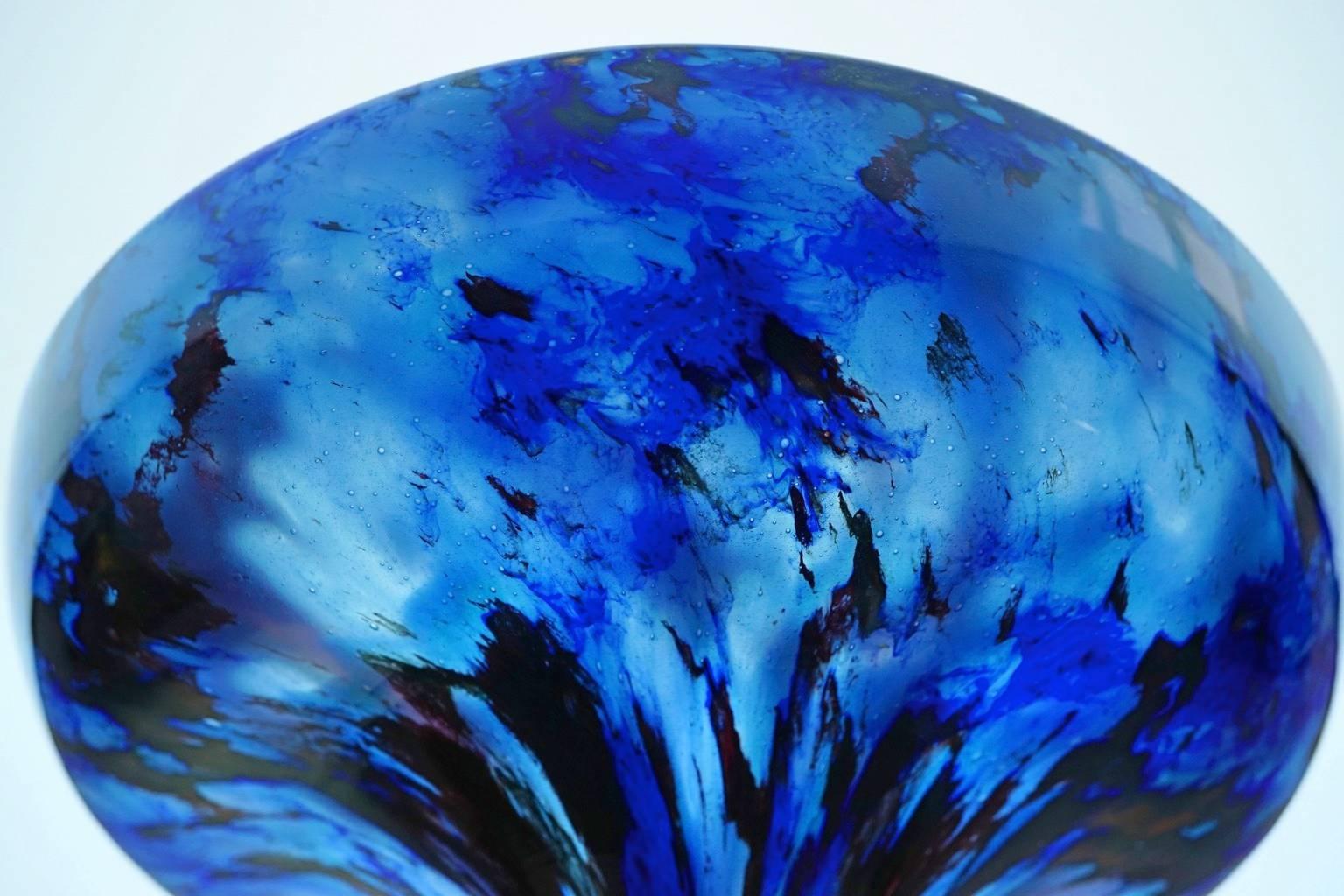 Art Glass Large French Art Deco Charles Schneider Glass Blue Bowl For Sale