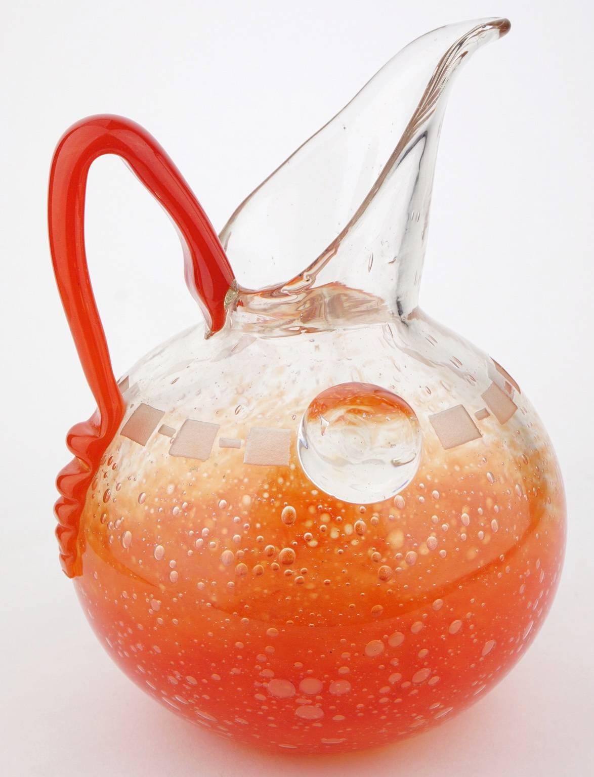 Hand-Crafted Art Deco Charles Schneider Bubbled Glass Pitcher For Sale