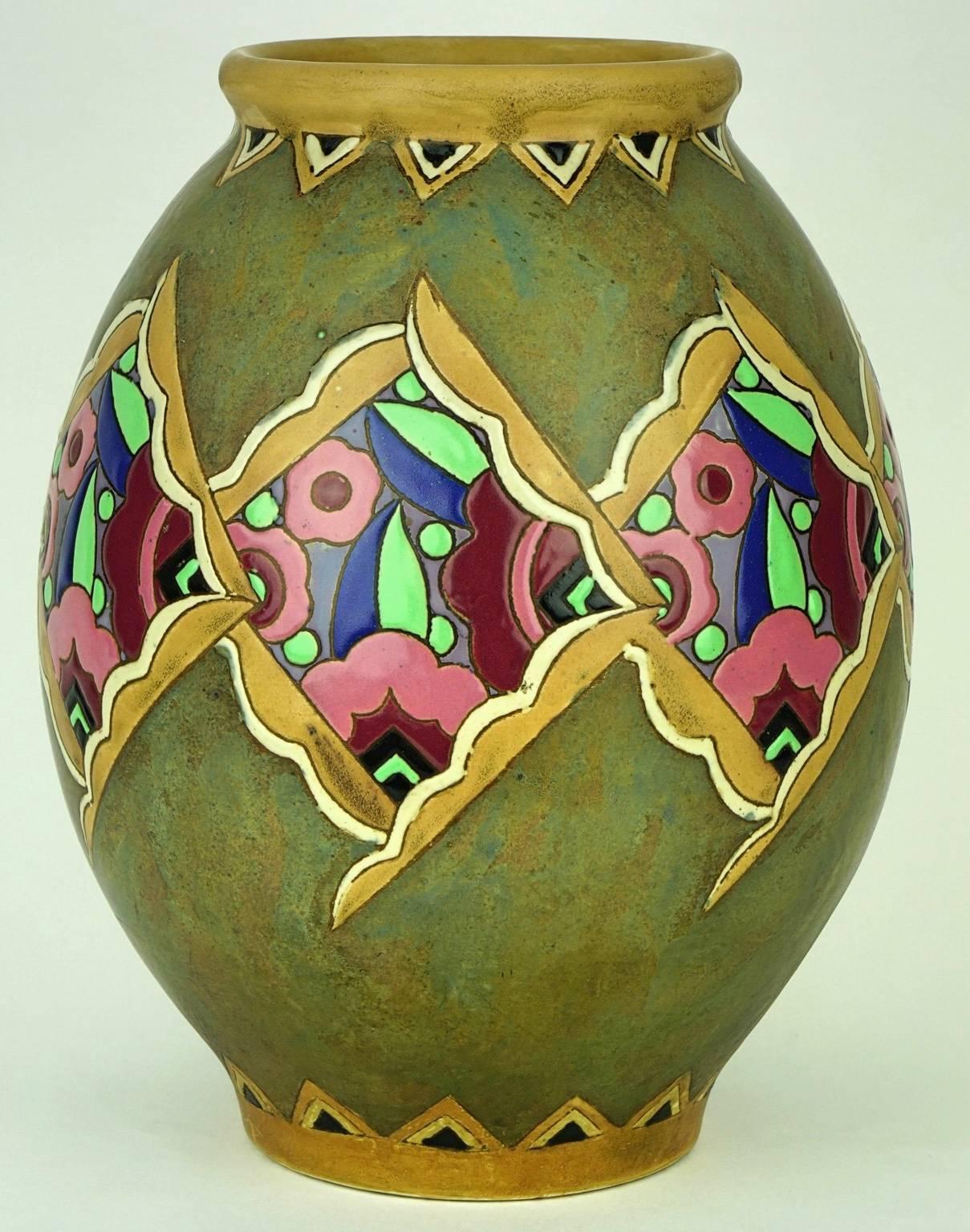 Belgian Large Art Deco Keramis Boch Stoneware Vase with Abstract Flowers