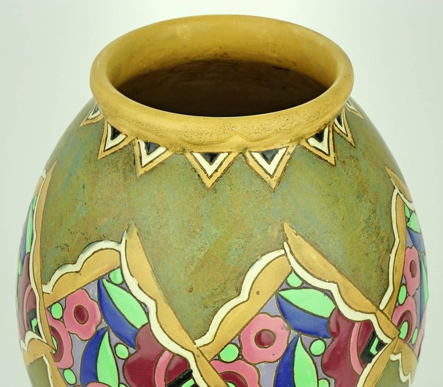 Mid-20th Century Large Art Deco Keramis Boch Stoneware Vase with Abstract Flowers