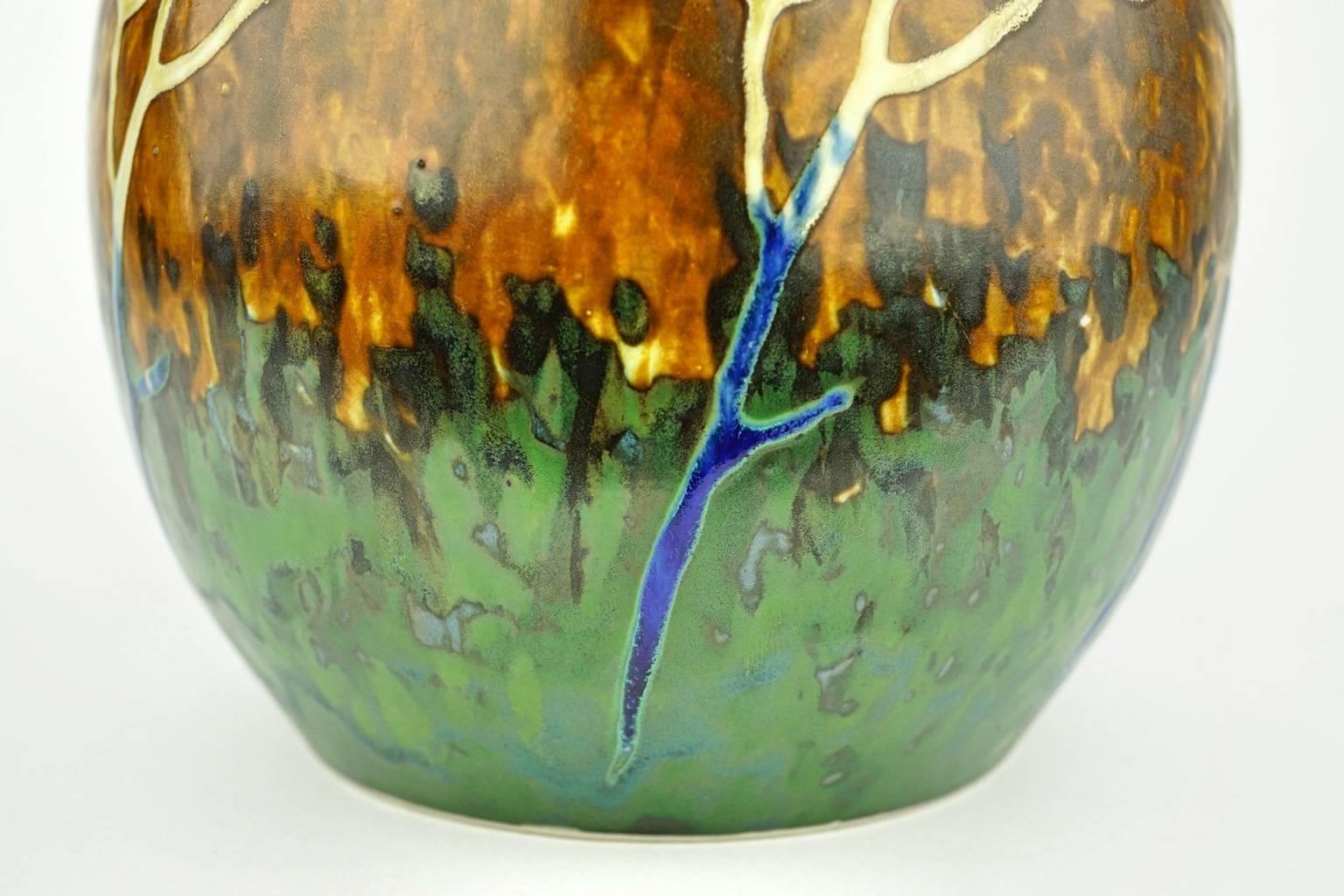 Belgian Art Deco Keramis Stoneware Boch Vase with Dried Honesties