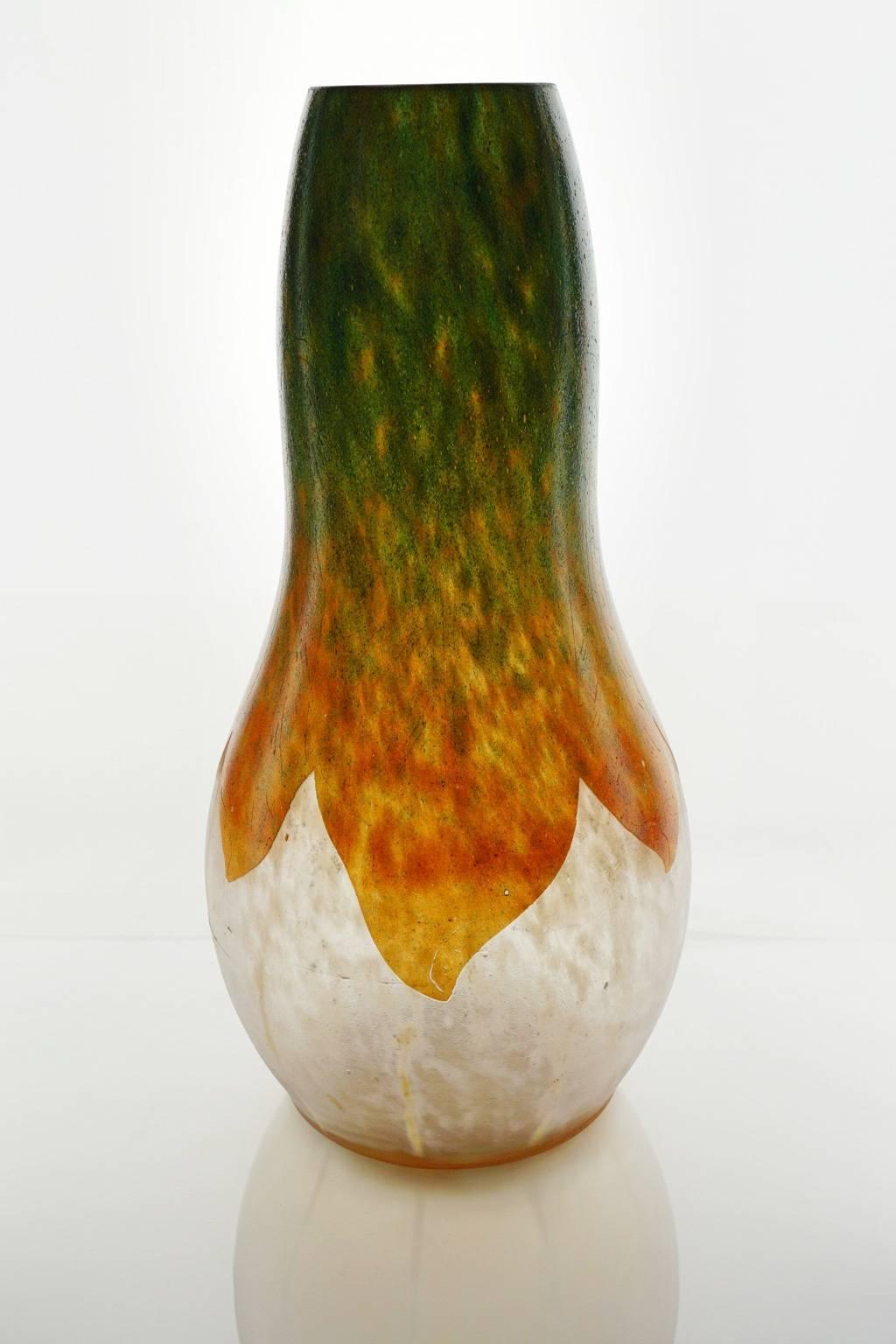 Art Glass French Art Deco Charles Schneider Tobacco Leaves Glass Vase For Sale