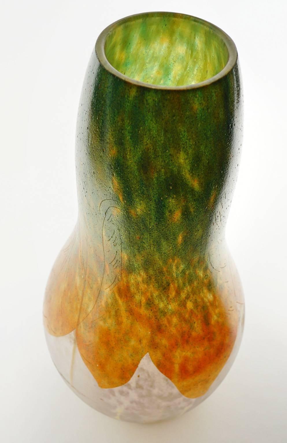 French Art Deco Charles Schneider Tobacco Leaves Glass Vase For Sale 1