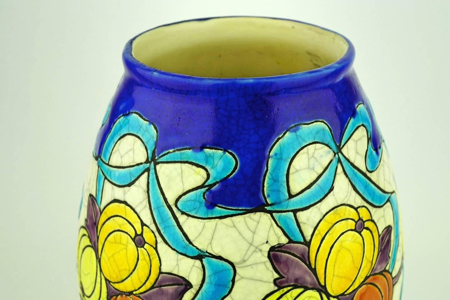 Belgian Art Deco Keramis Boch Blue Ribbons and Gourds Vase