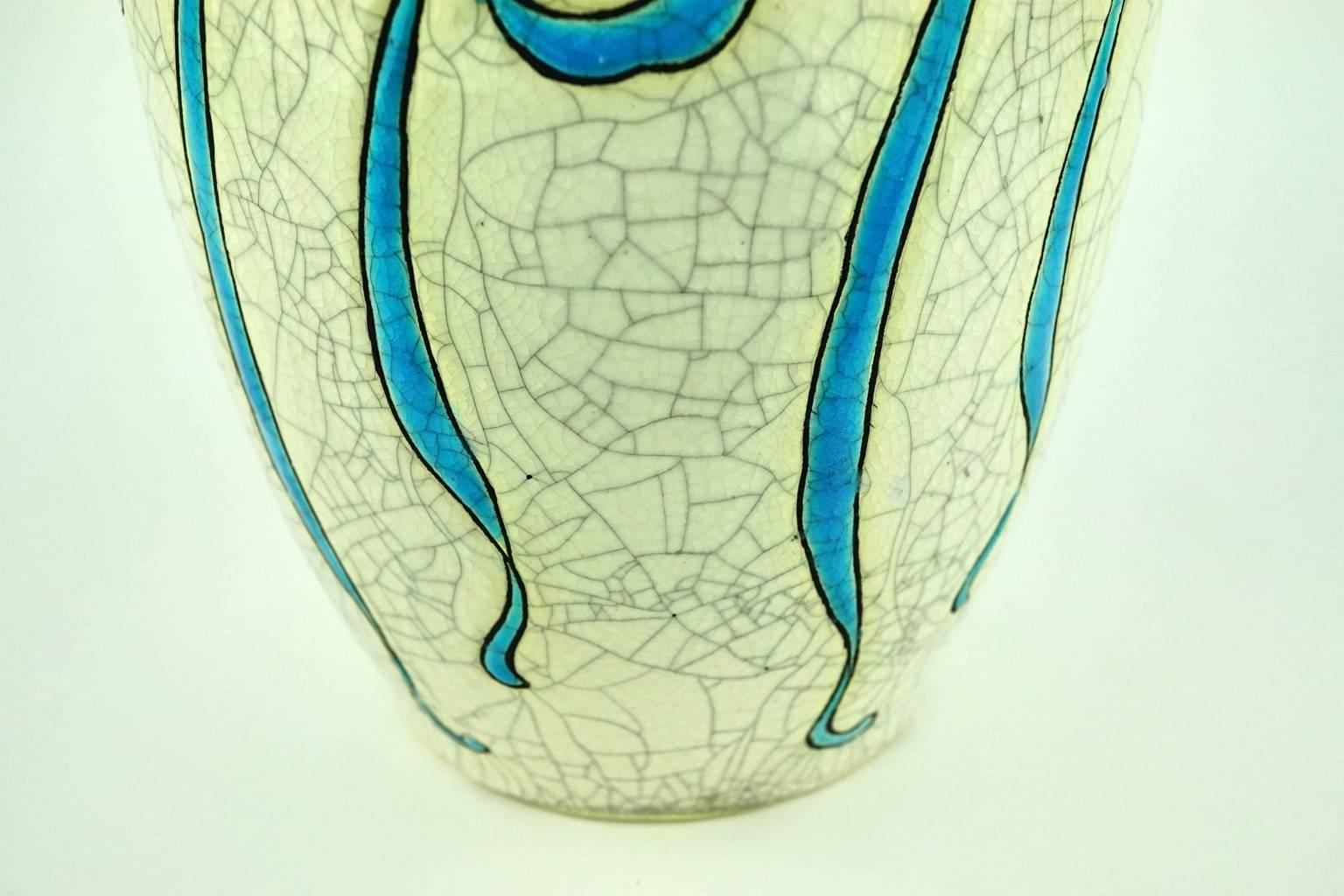 Enameled Art Deco Keramis Boch Blue Ribbons and Gourds Vase