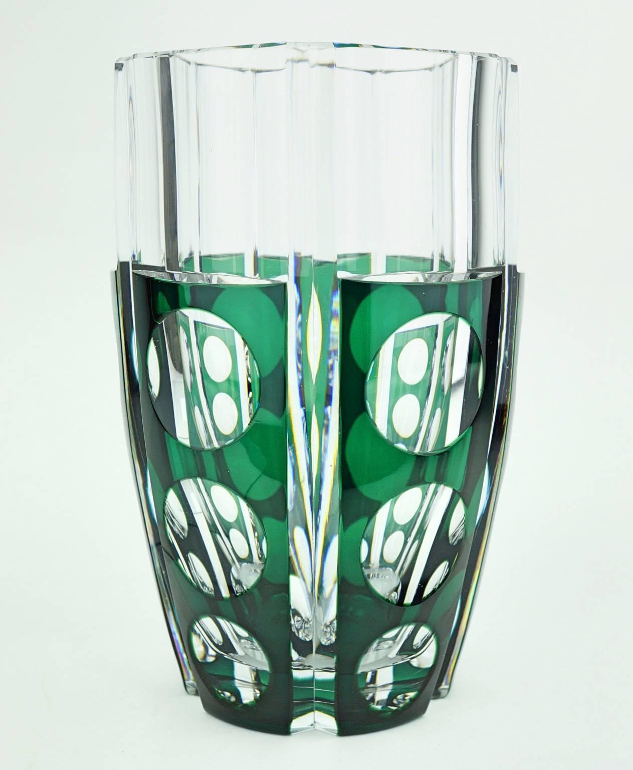 Hexagonal large Art Deco vase in thick glass flashed in emerald green color. “Cerbere” design by Charles Graffart (1883-1967), signed 