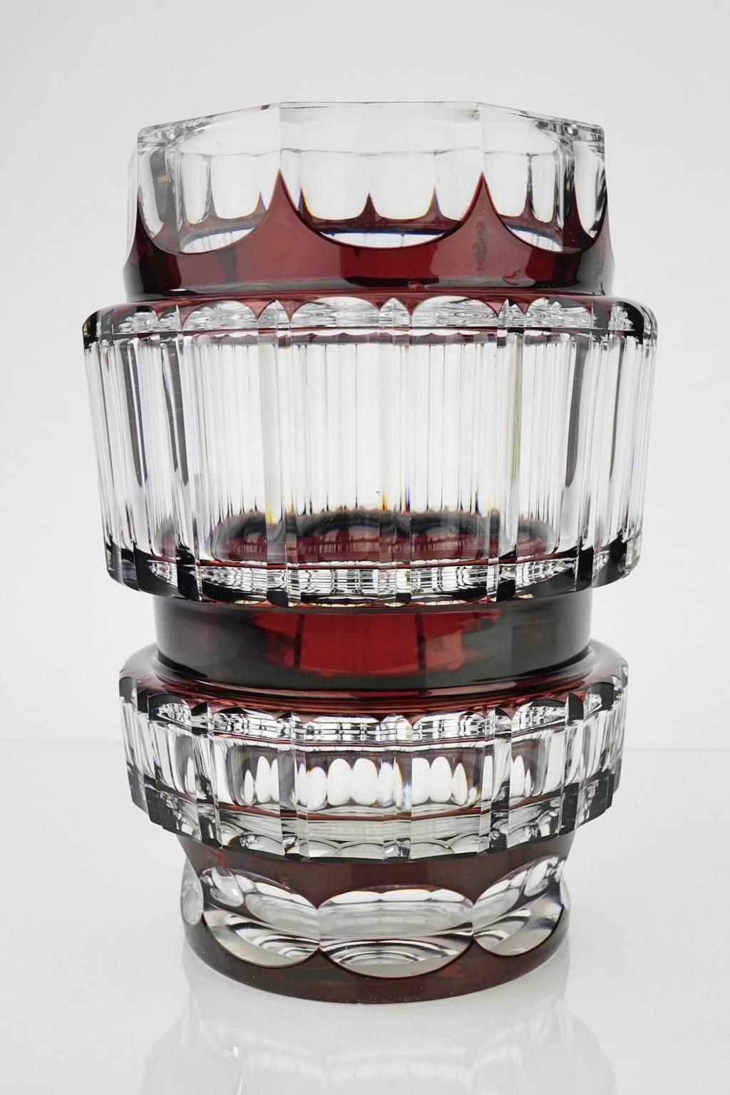Art Deco vase in thick glass flashed in prune color. Kasala design by Joseph Simon (1874-1960) for Val Saint Lambert.
 