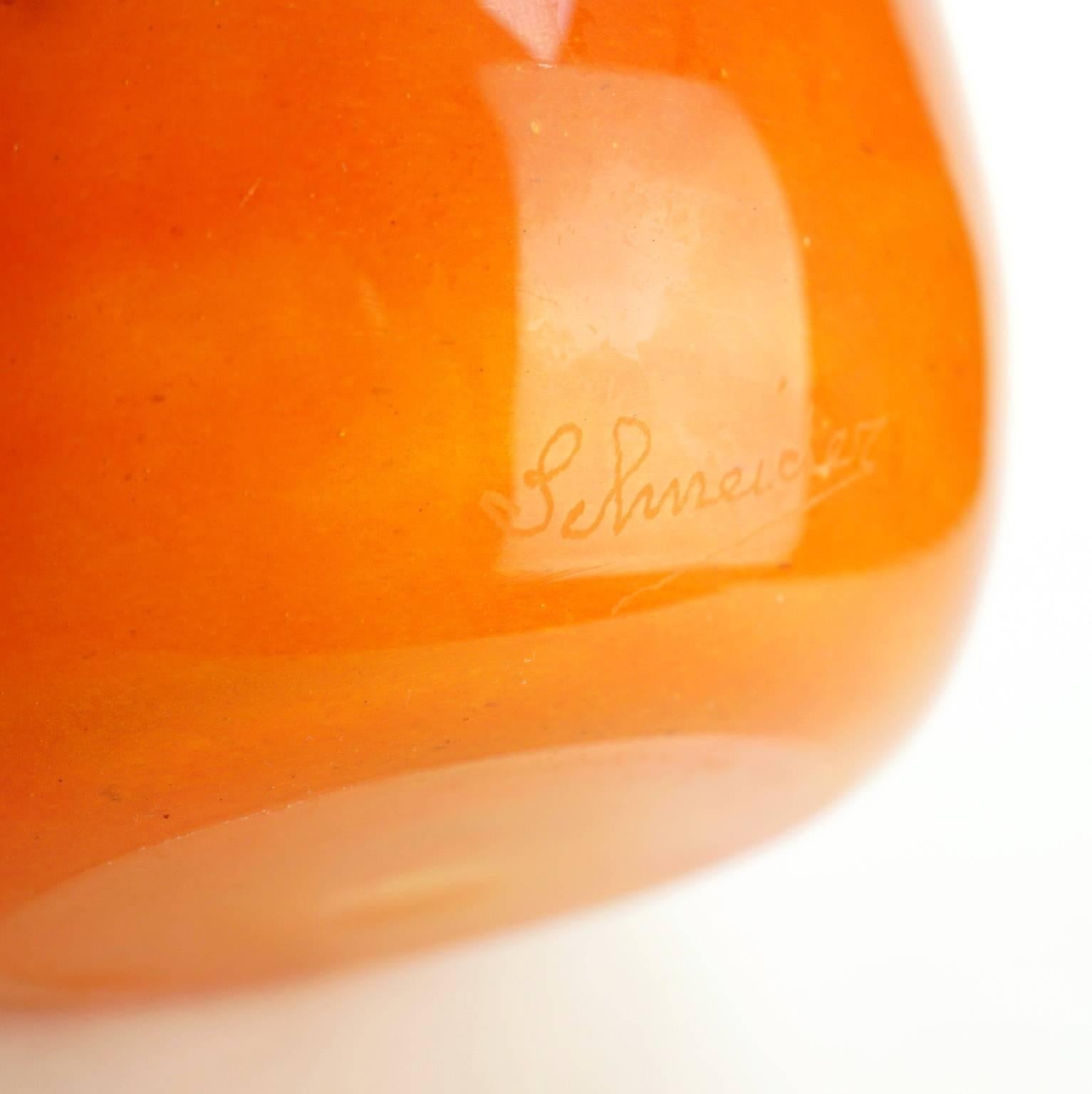 Blown Glass Large French Art Deco Charles Schneider Orange Tango Marble Glass Vase For Sale