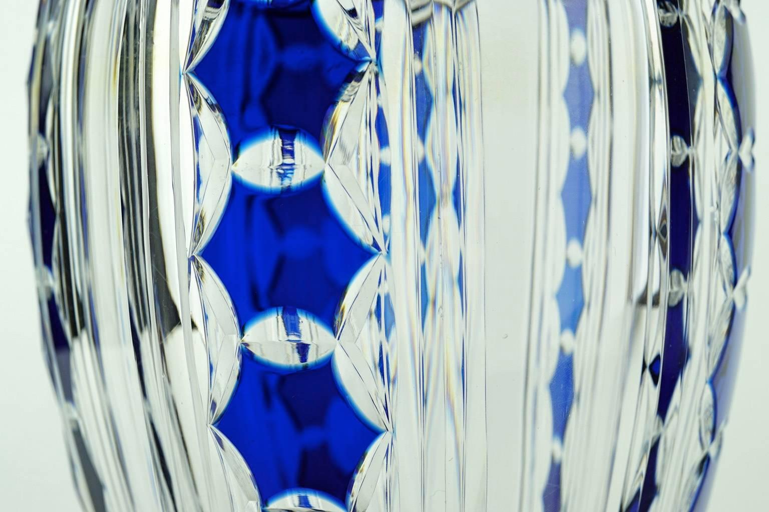 Belgian Art Deco Val Saint Lambert Blue Overlaid Pietro Crystal Vase by Joseph Simon For Sale