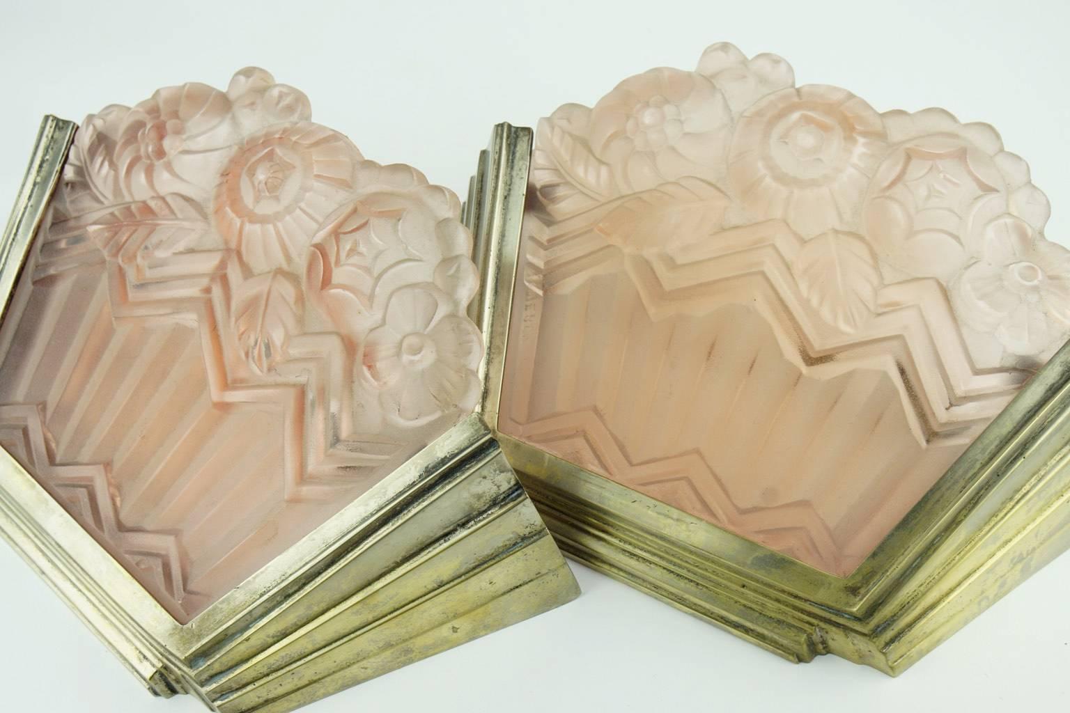 French Art Deco Noverdy Wall Sconces with Pink Moulded Glass For Sale