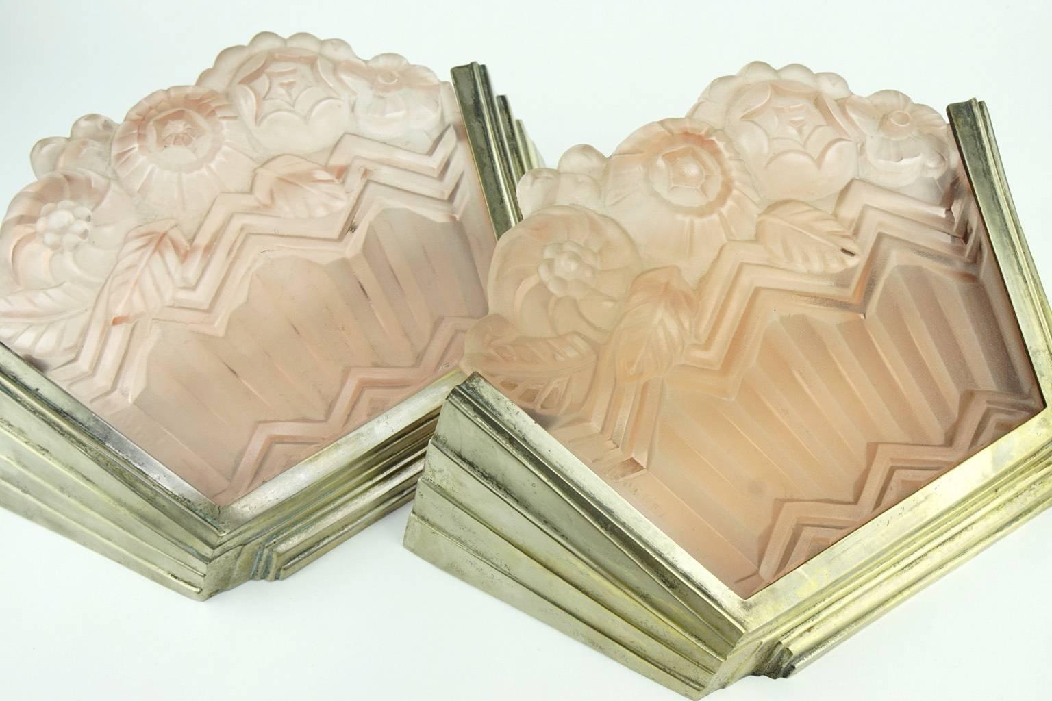 Molded Art Deco Noverdy Wall Sconces with Pink Moulded Glass For Sale