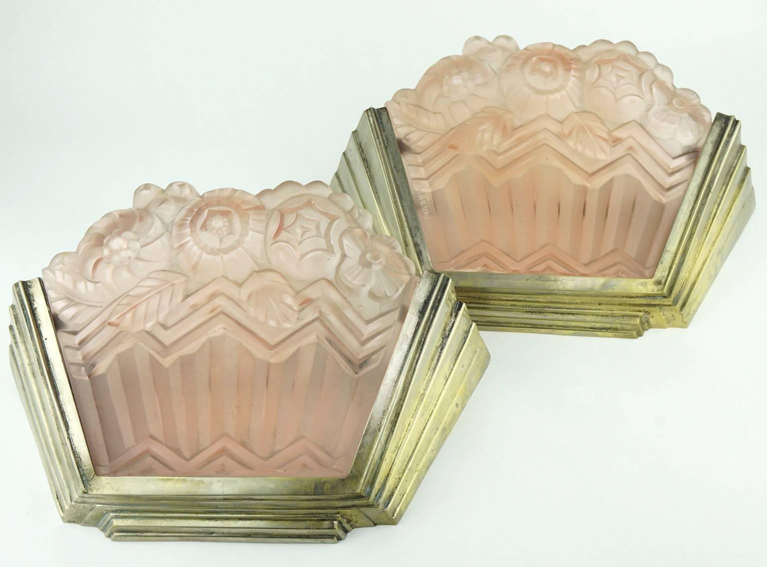 Metal Art Deco Noverdy Wall Sconces with Pink Moulded Glass For Sale