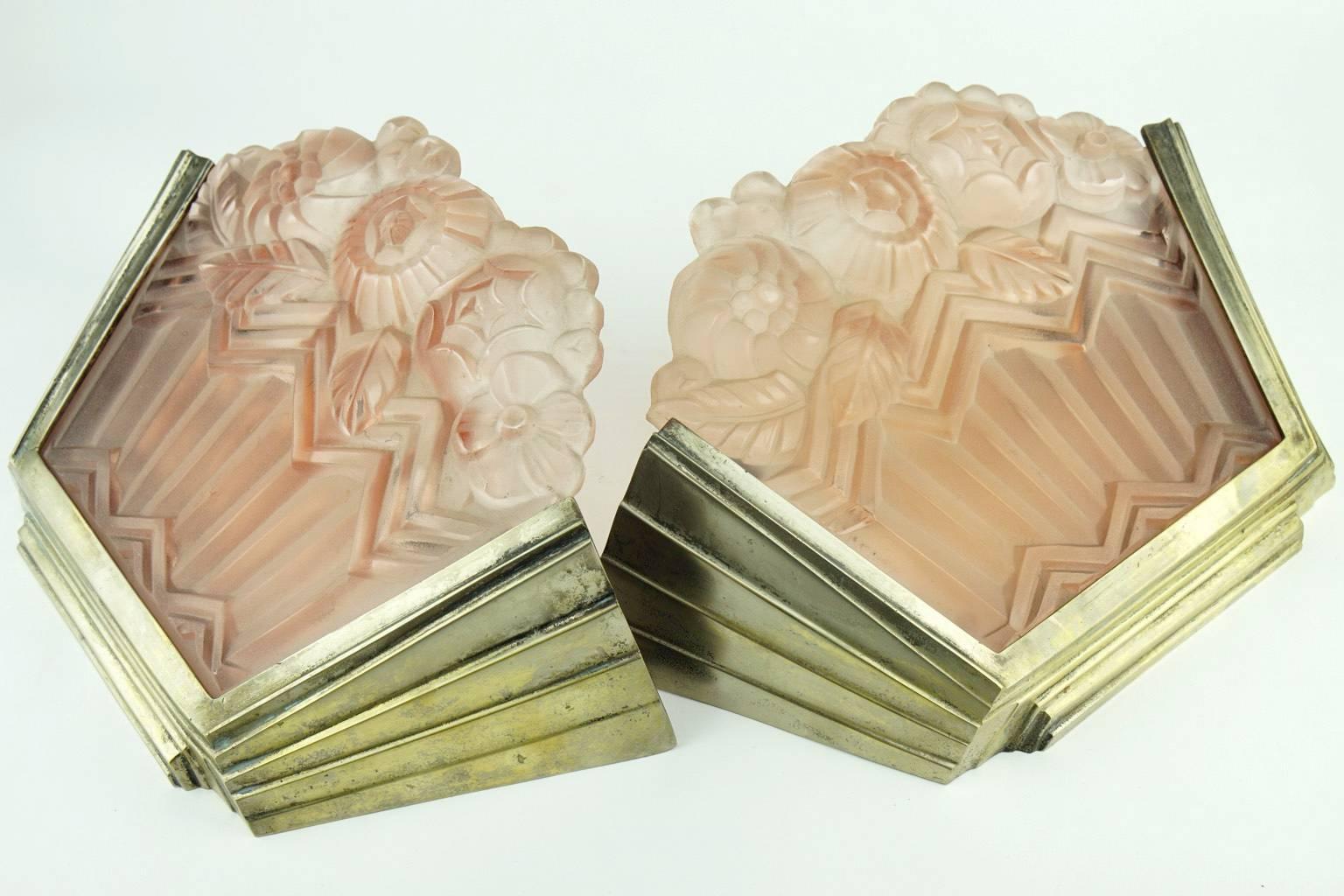 Art Deco Noverdy Wall Sconces with Pink Moulded Glass For Sale 1