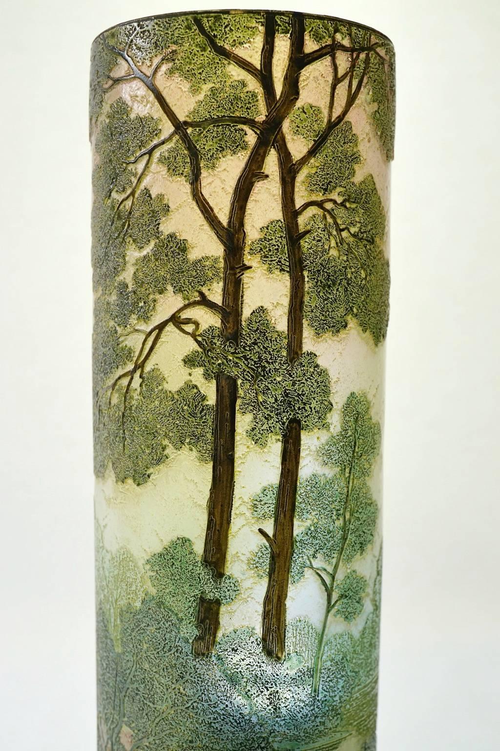Art Nouveau Legras Vase with Pines Lake Landscape For Sale 1
