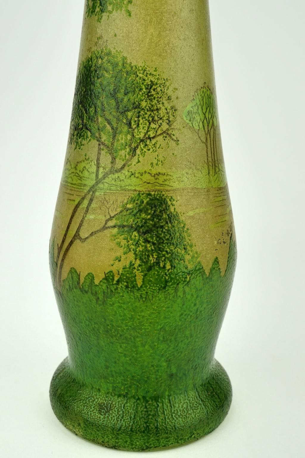 Enameled Art Nouveau Long-Necked Legras Vase