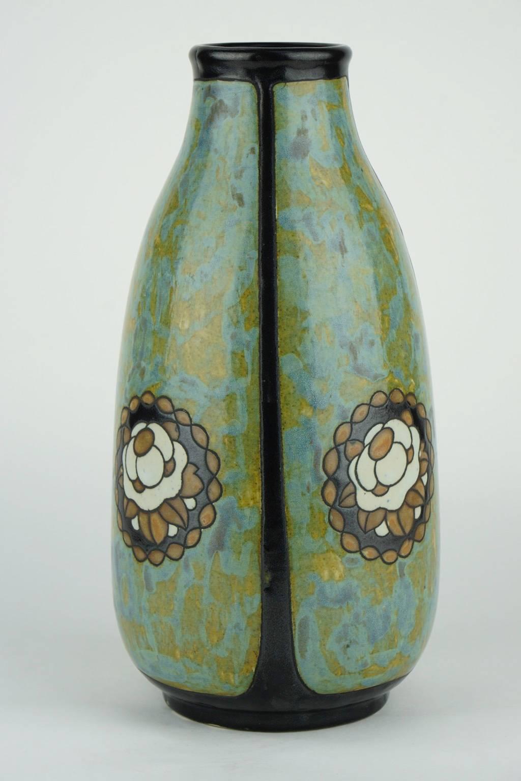 Belgian Art Deco Keramis Stoneware Boch Vase with Floral Medallions D771 F396 For Sale