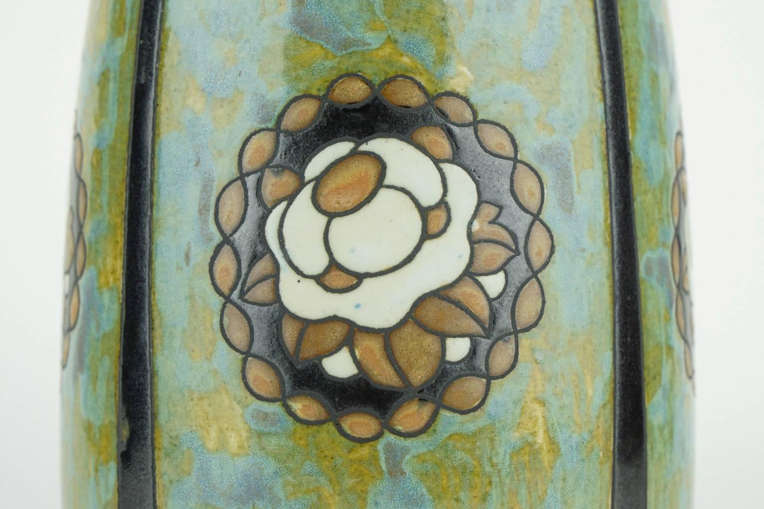 Early 20th Century Art Deco Keramis Stoneware Boch Vase with Floral Medallions D771 F396 For Sale