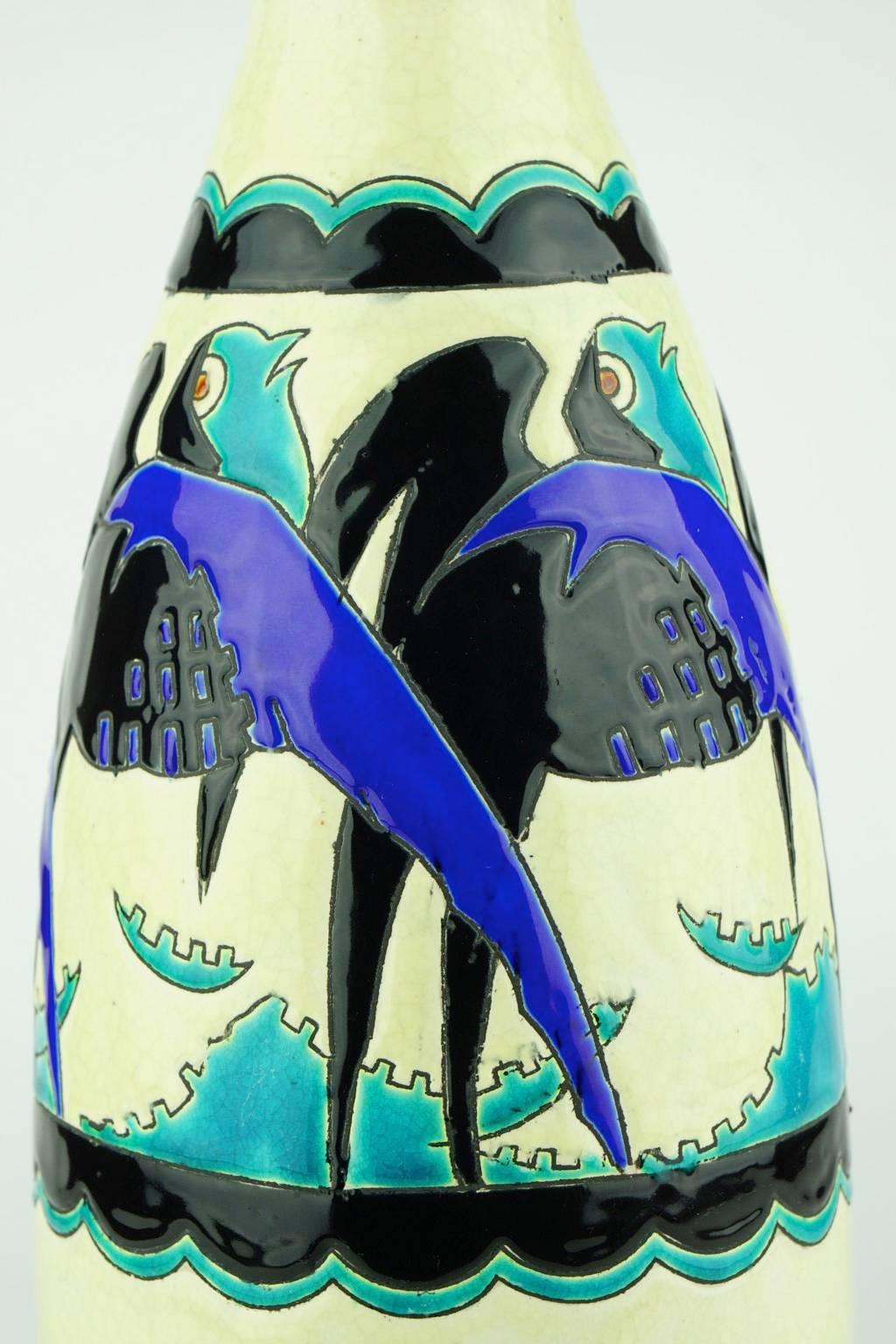 Early 20th Century Art Deco Keramis Boch Blue Swallows Vase For Sale