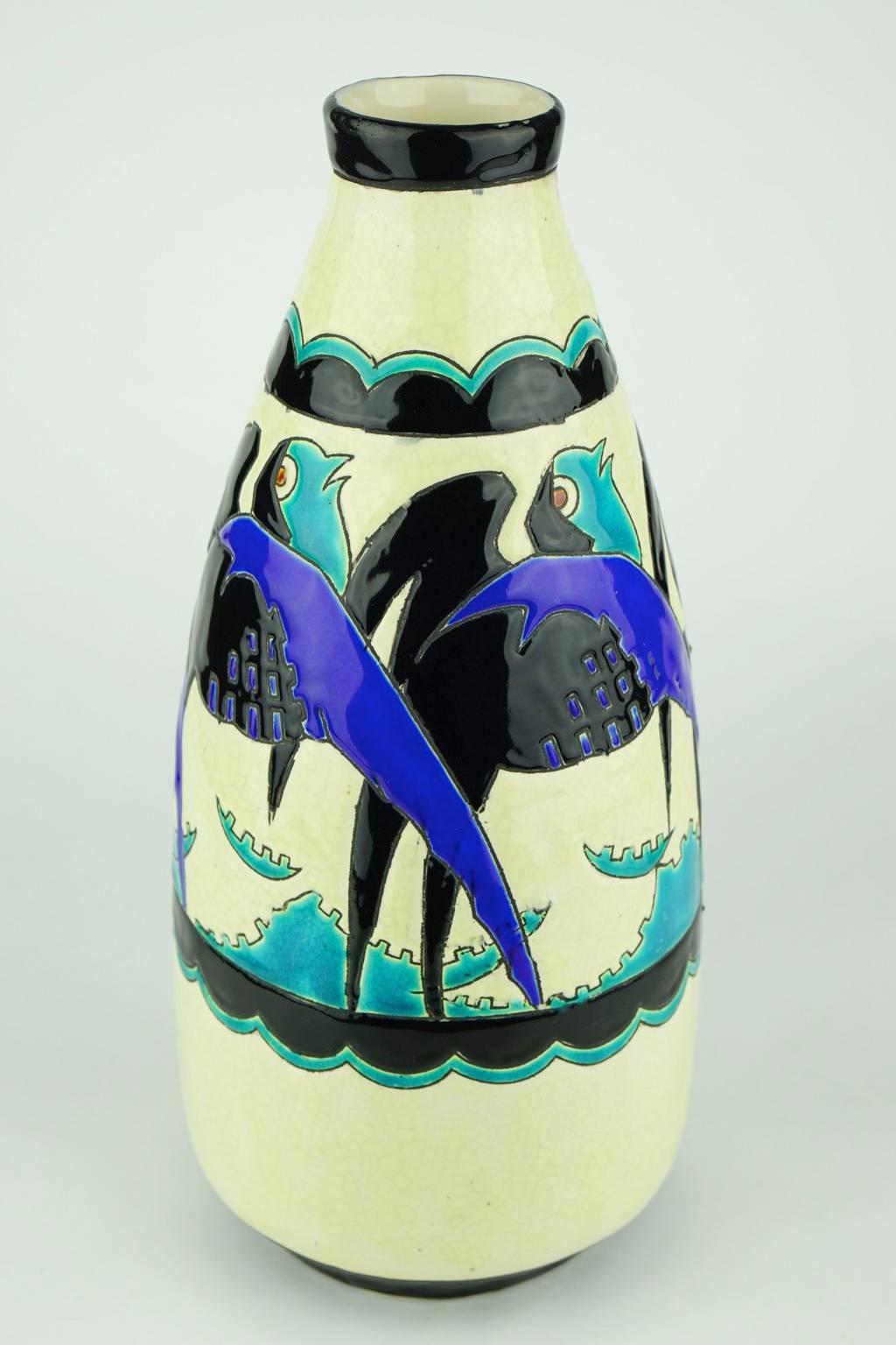 Earthenware Art Deco Keramis Boch Blue Swallows Vase For Sale