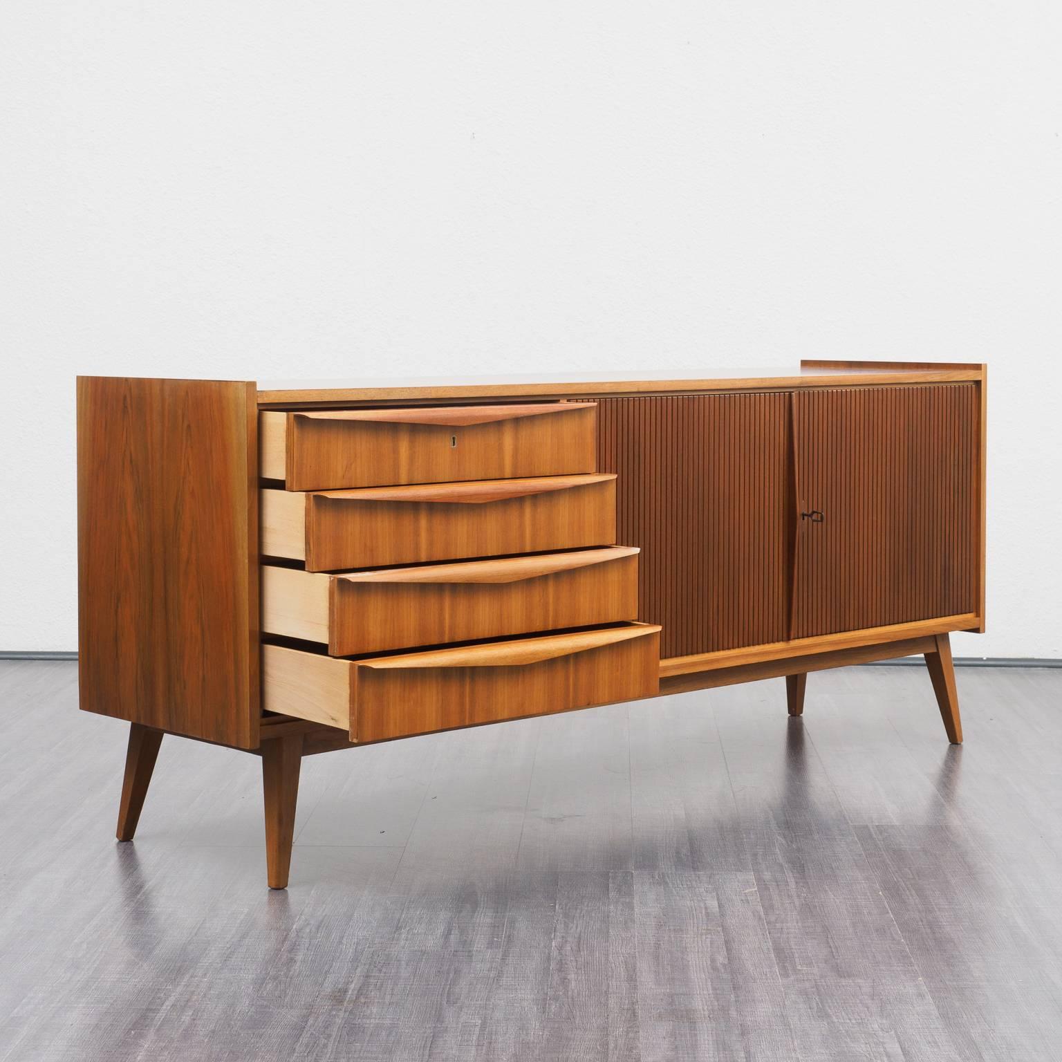 European Rare 1950s Sideboard with Structured Doors, Completely Restored