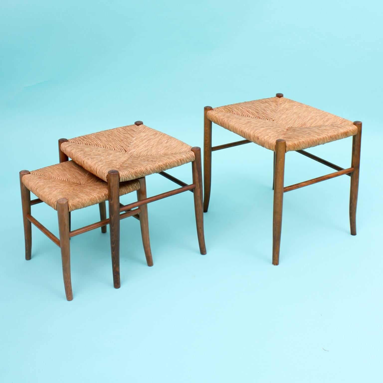 Mid-Century Modern Set of Three 1950s Stools with Rushes Covering For Sale