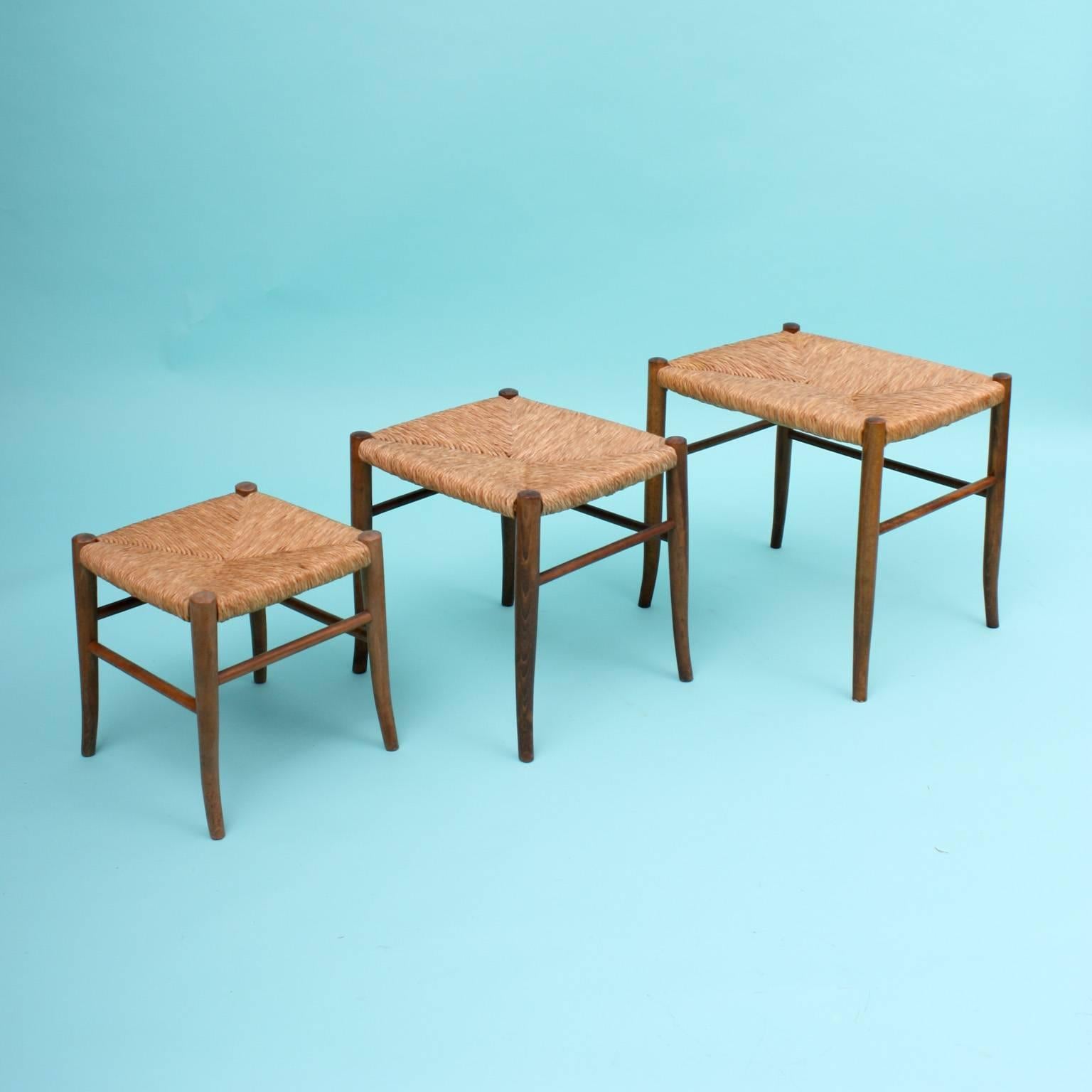 European Set of Three 1950s Stools with Rushes Covering For Sale