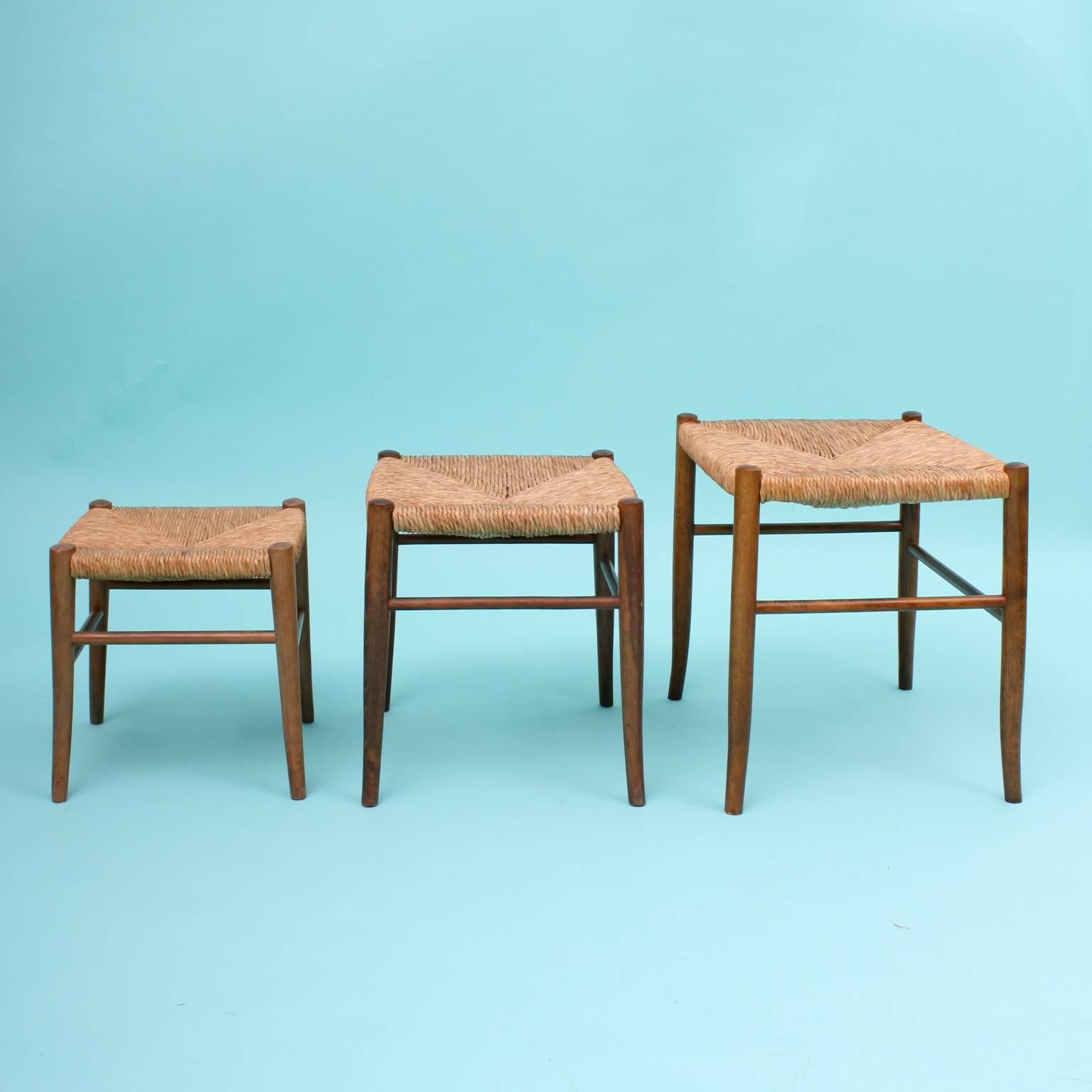 Set of Three 1950s Stools with Rushes Covering For Sale 1
